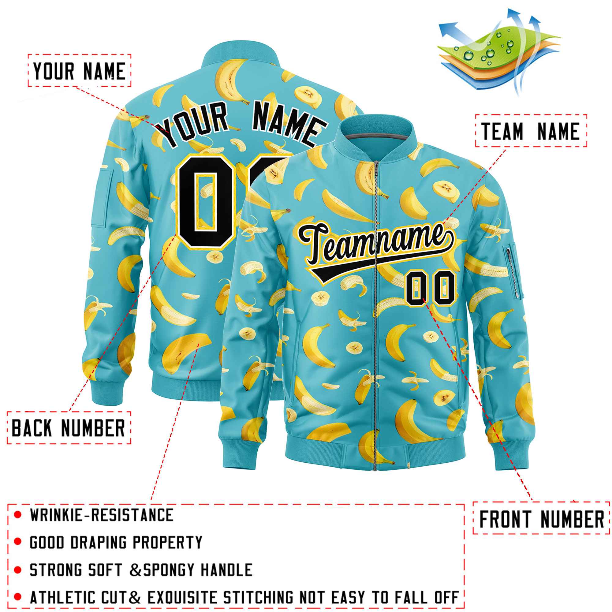 Custom Sky Blue Varsity Full-Zip Banana Pattern Letterman Bomber Jacket | Graffiti Pattern | Embroidery&Dye-sublimation printing | KXKSHOP