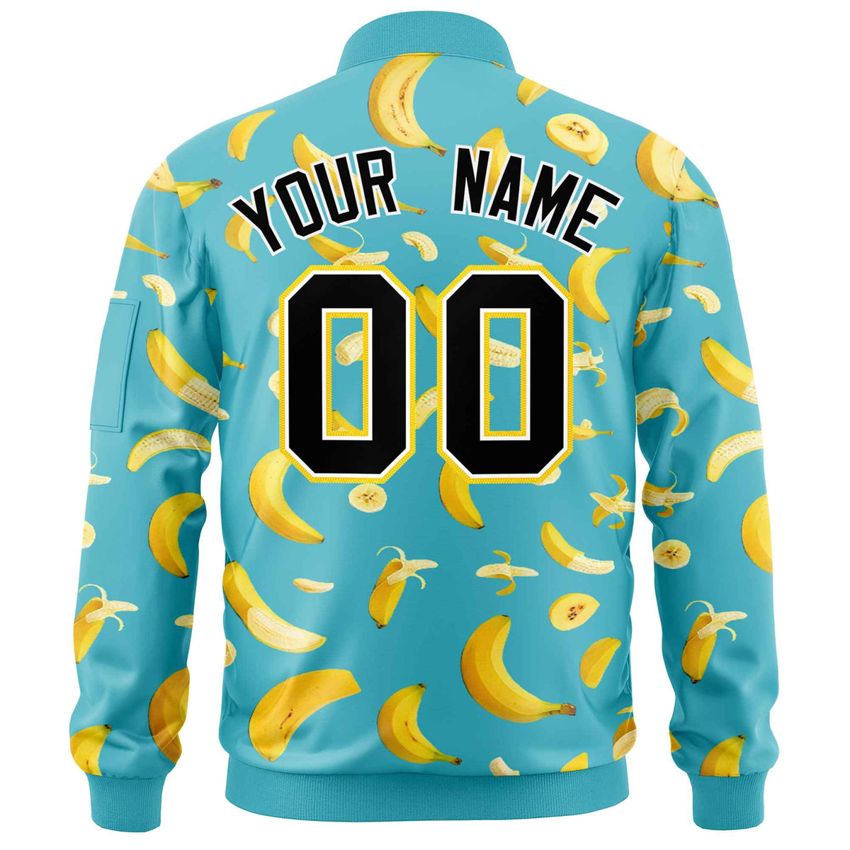 Custom Sky Blue Varsity Full-Zip Banana Pattern Letterman Bomber Jacket | Graffiti Pattern | Embroidery&amp;Dye-sublimation printing | KXKSHOP