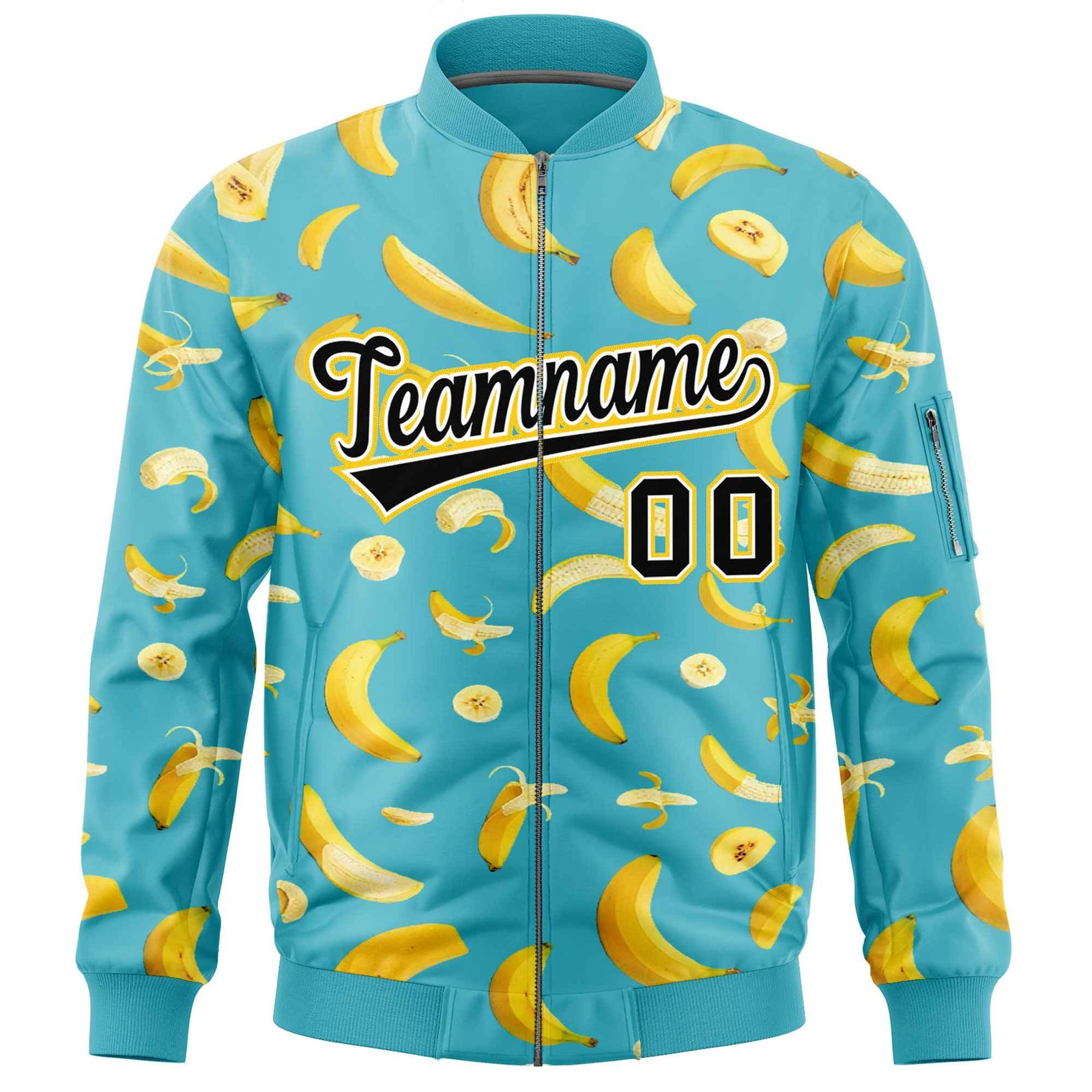 Custom Sky Blue Varsity Full-Zip Banana Pattern Letterman Bomber Jacket | Graffiti Pattern | Embroidery&Dye-sublimation printing | KXKSHOP