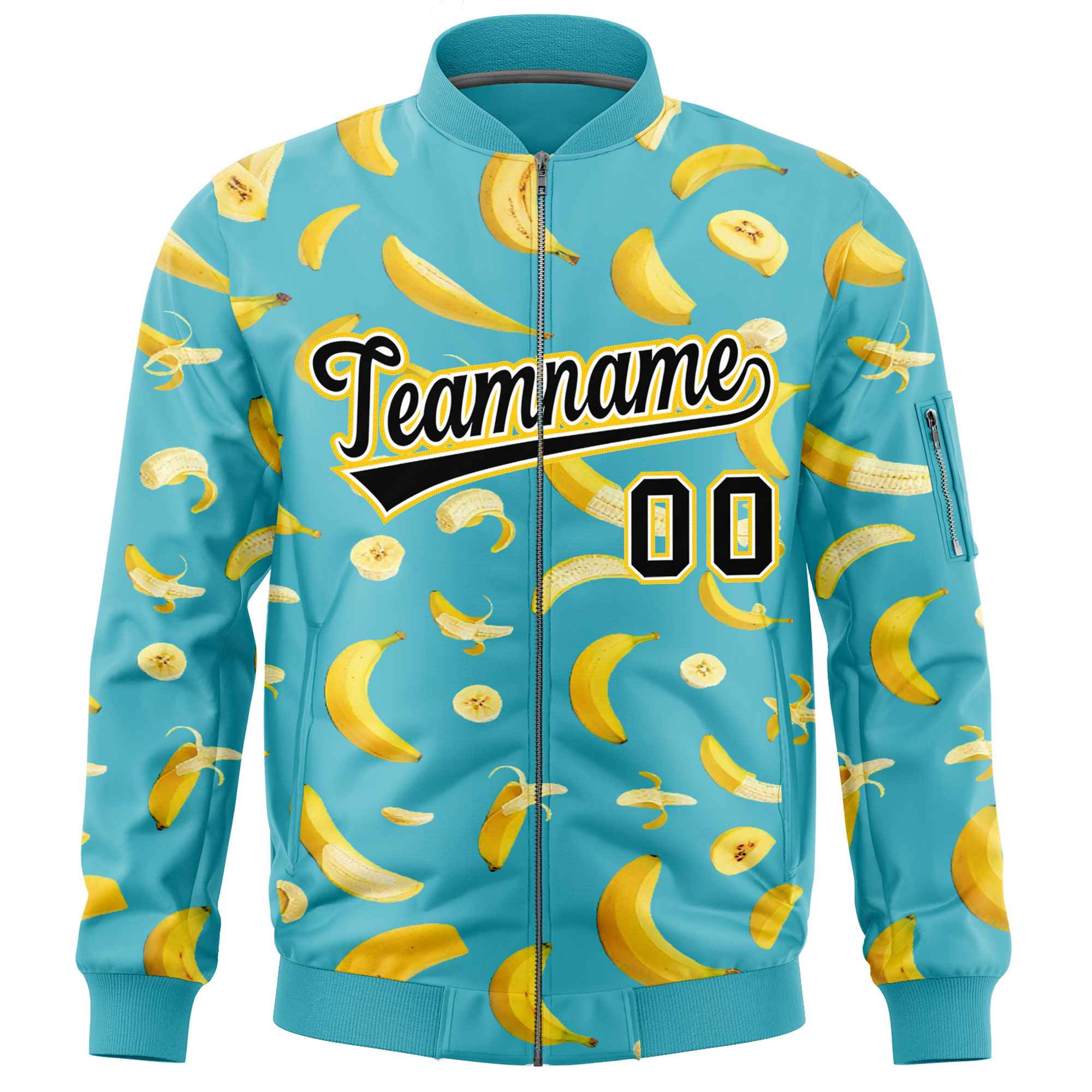 Custom Sky Blue Varsity Full-Zip Banana Pattern Letterman Bomber Jacket | Graffiti Pattern | Embroidery&Dye-sublimation printing | KXKSHOP
