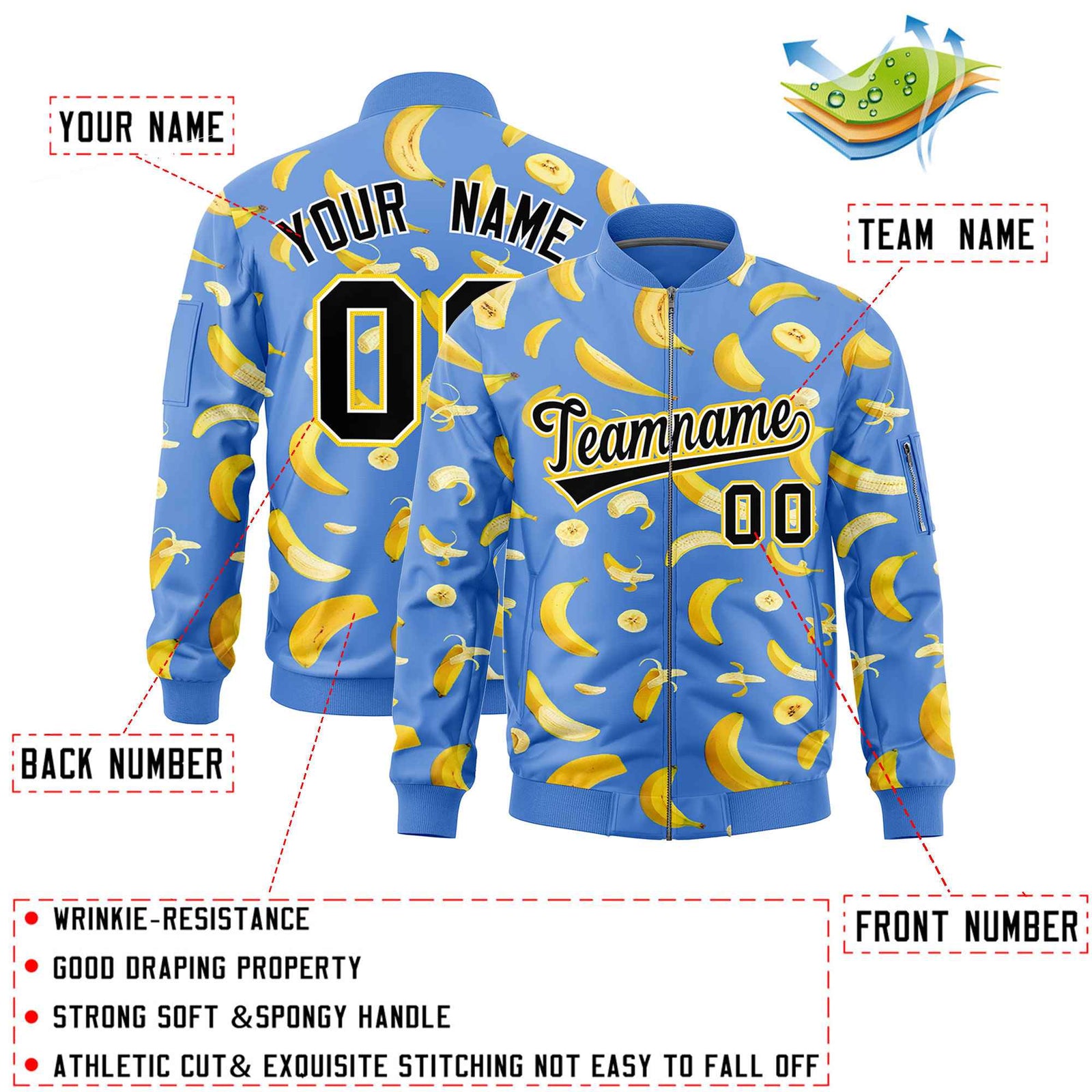 Custom Powder Blue Varsity Full-Zip Banana Pattern Letterman Bomber Jacket | Graffiti Pattern | Embroidery&Dye-sublimation printing | KXKSHOP