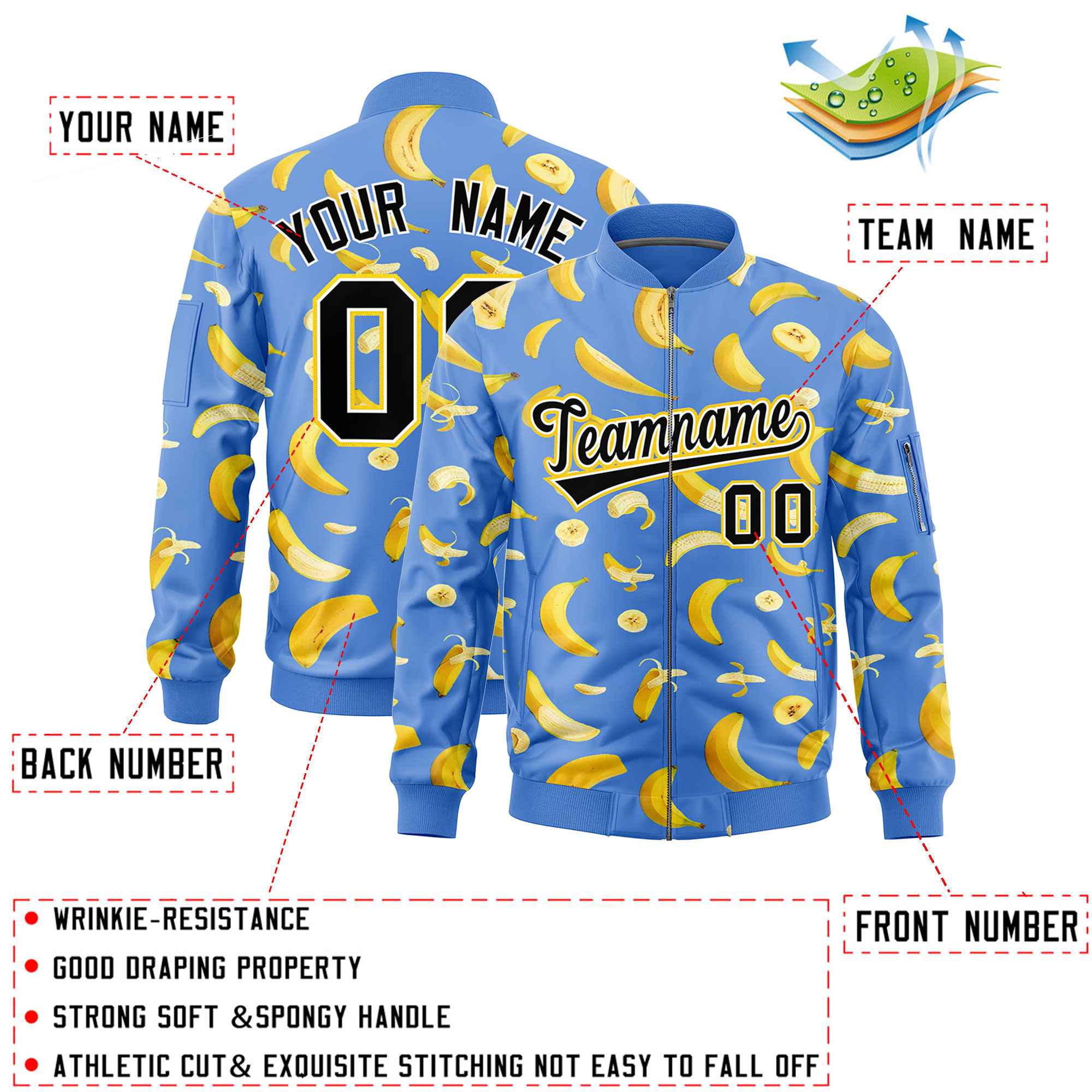 Custom Powder Blue Varsity Full-Zip Banana Pattern Letterman Bomber Jacket | Graffiti Pattern | Embroidery&Dye-sublimation printing | KXKSHOP