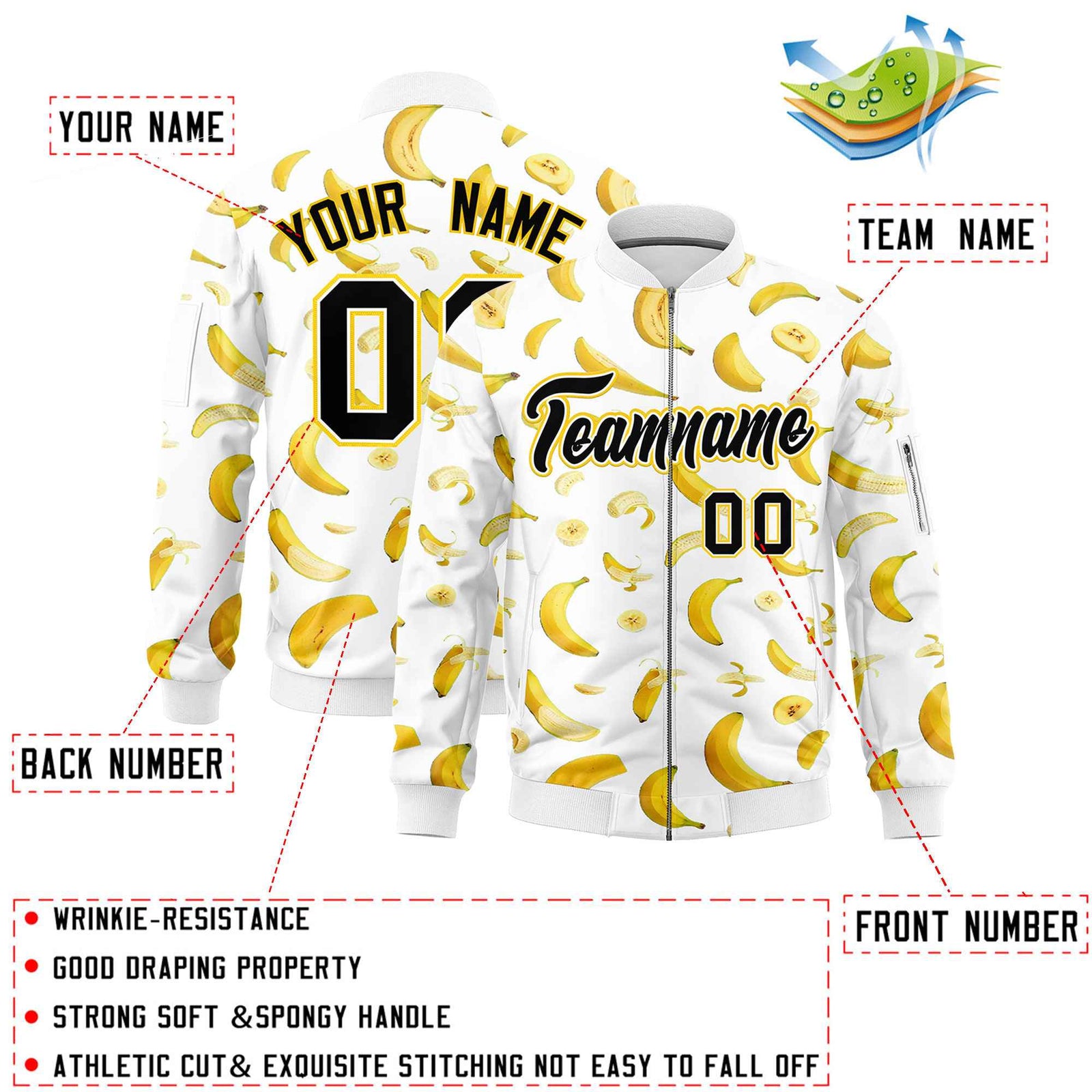 Custom White Varsity Full-Zip Banana Pattern Letterman Bomber Jacket | Graffiti Pattern | Embroidery&Dye-sublimation printing | KXKSHOP
