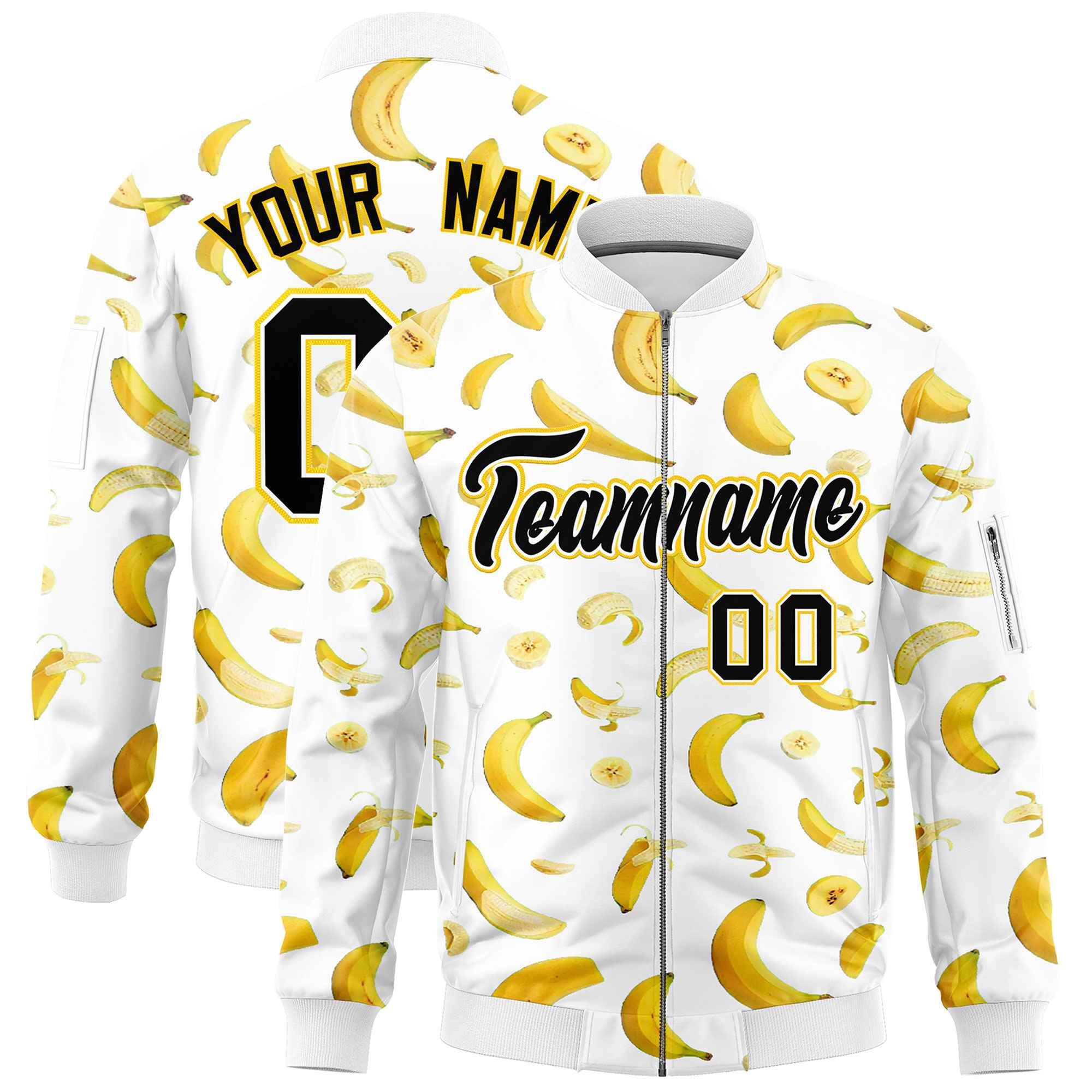 Custom White Varsity Full-Zip Banana Pattern Letterman Bomber Jacket | Graffiti Pattern | Embroidery&Dye-sublimation printing | KXKSHOP