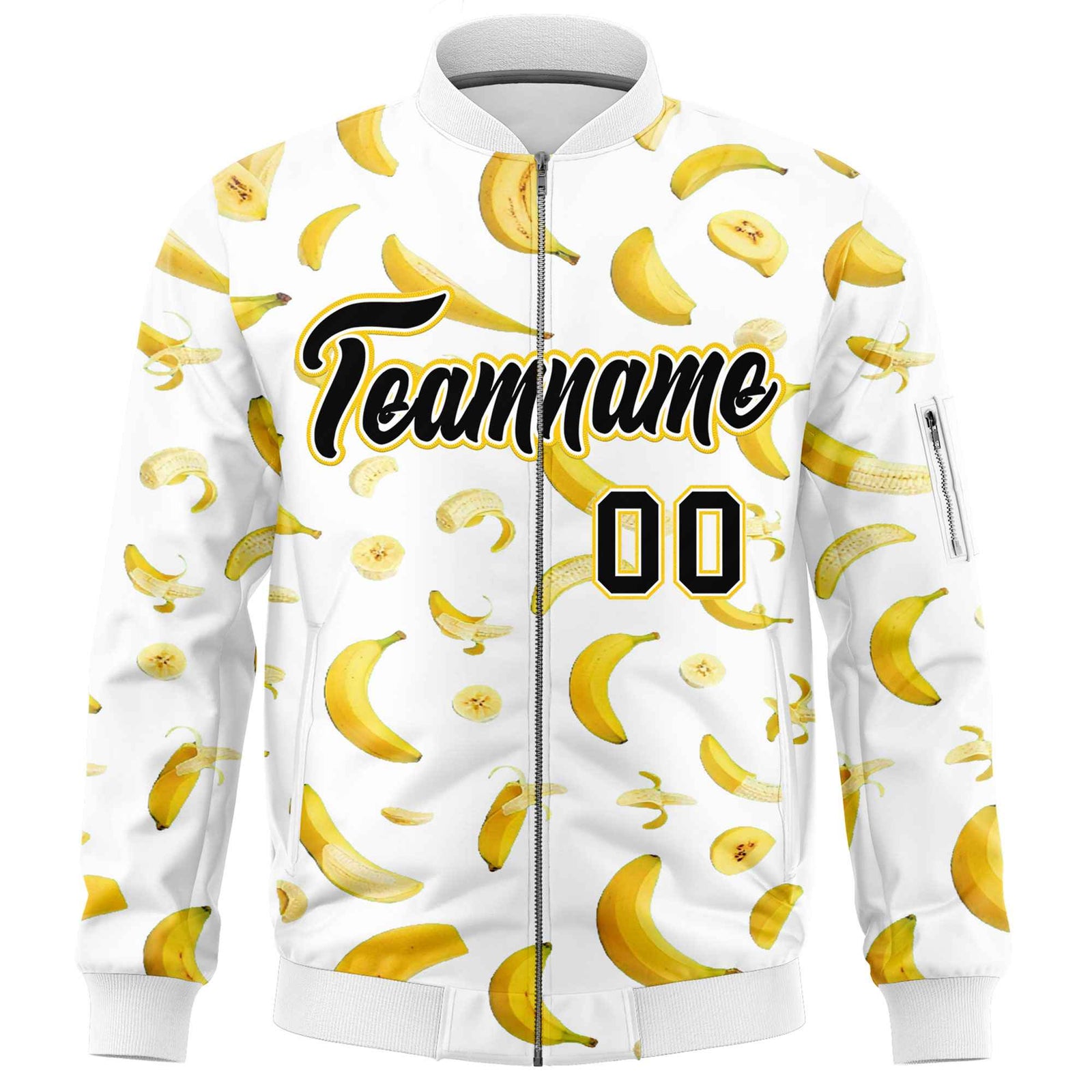 Custom White Varsity Full-Zip Banana Pattern Letterman Bomber Jacket | Graffiti Pattern | Embroidery&Dye-sublimation printing | KXKSHOP