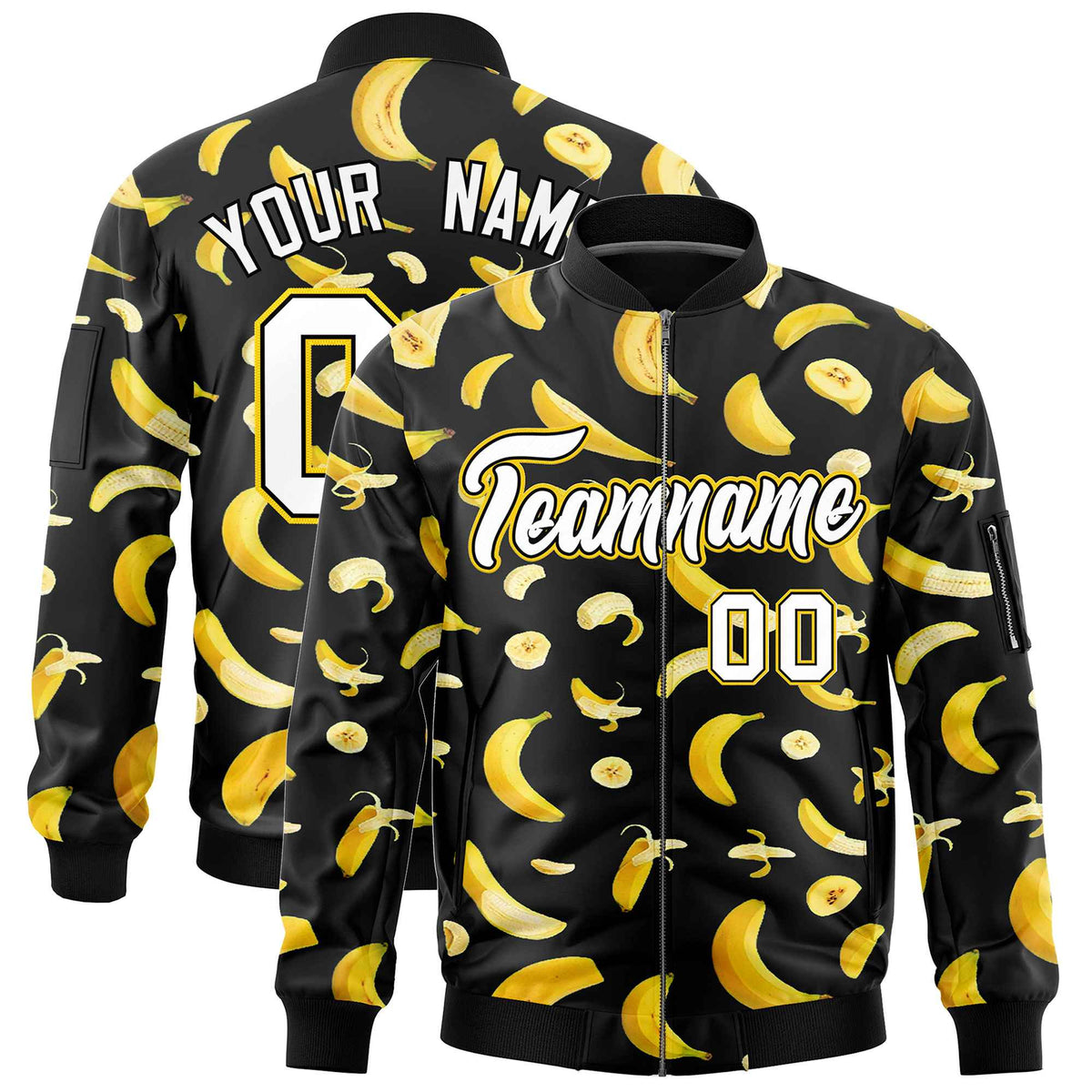 Custom Black Varsity Full-Zip Banana Pattern Letterman Bomber Jacket | Graffiti Pattern | Embroidery&amp;Dye-sublimation printing | KXKSHOP