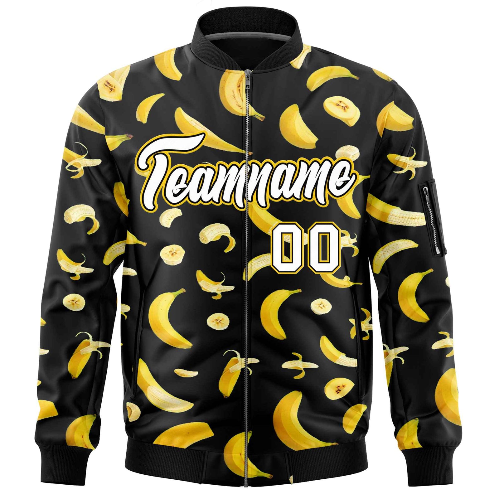 Custom Black Varsity Full-Zip Banana Pattern Letterman Bomber Jacket | Graffiti Pattern | Embroidery&Dye-sublimation printing | KXKSHOP