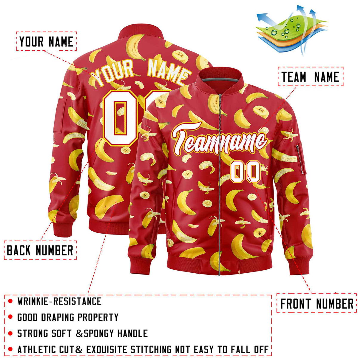 Custom Red Varsity Full-Zip Banana Pattern Letterman Bomber Jacket | Graffiti Pattern | Embroidery&amp;Dye-sublimation printing | KXKSHOP