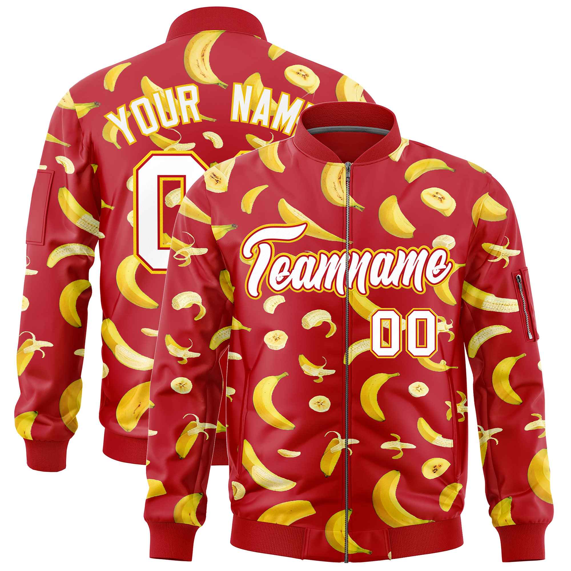 Custom Red Varsity Full-Zip Banana Pattern Letterman Bomber Jacket | Graffiti Pattern | Embroidery&Dye-sublimation printing | KXKSHOP