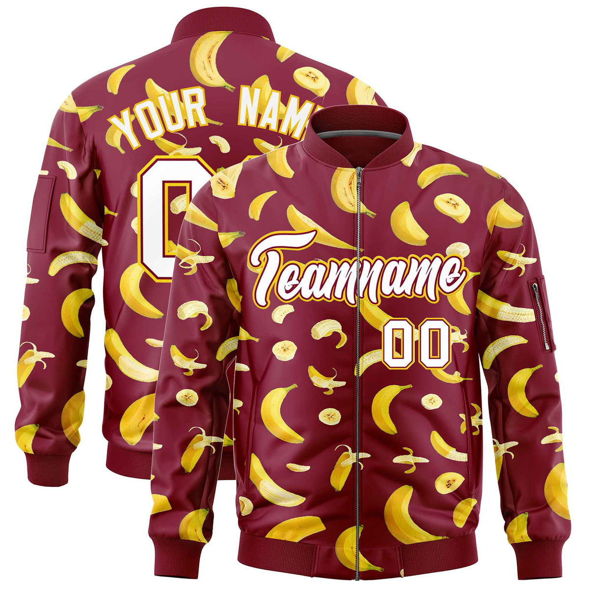 Custom Crimson Varsity Full-Zip Banana Pattern Letterman Bomber Jacket | Graffiti Pattern | Embroidery&amp;Dye-sublimation printing | KXKSHOP