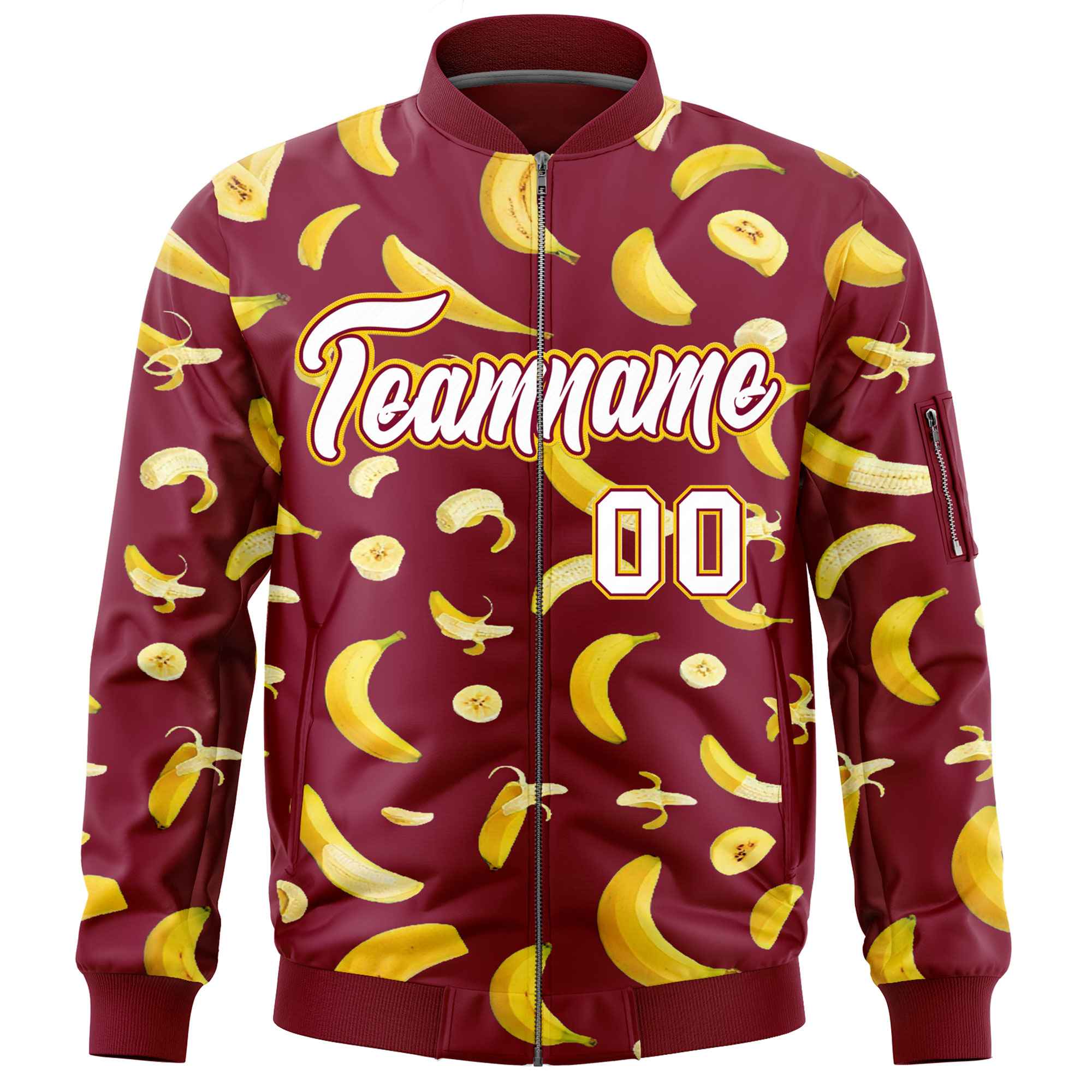 Custom Crimson Varsity Full-Zip Banana Pattern Letterman Bomber Jacket | Graffiti Pattern | Embroidery&Dye-sublimation printing | KXKSHOP