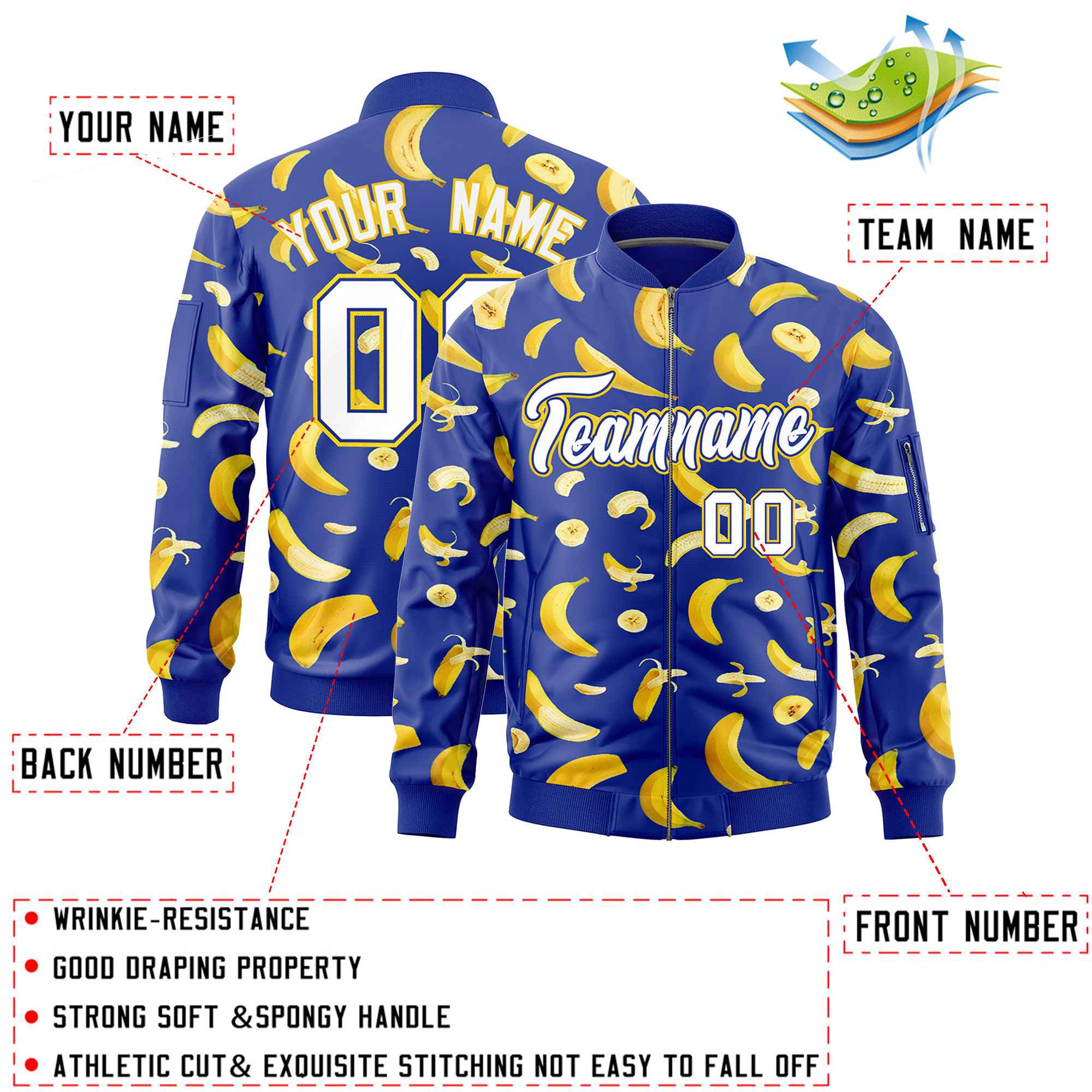 Custom Royal Blue Varsity Full-Zip Banana Pattern Letterman Bomber Jacket | Graffiti Pattern | Embroidery&Dye-sublimation printing | KXKSHOP
