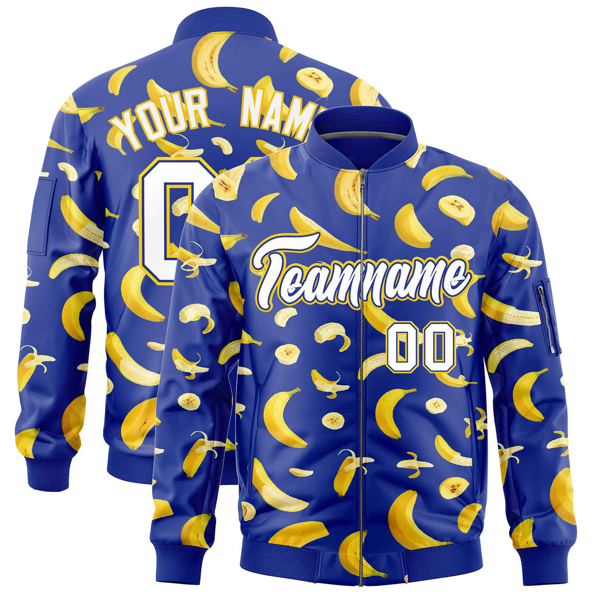 Custom Royal Blue Varsity Full-Zip Banana Pattern Letterman Bomber Jacket | Graffiti Pattern | Embroidery&amp;Dye-sublimation printing | KXKSHOP
