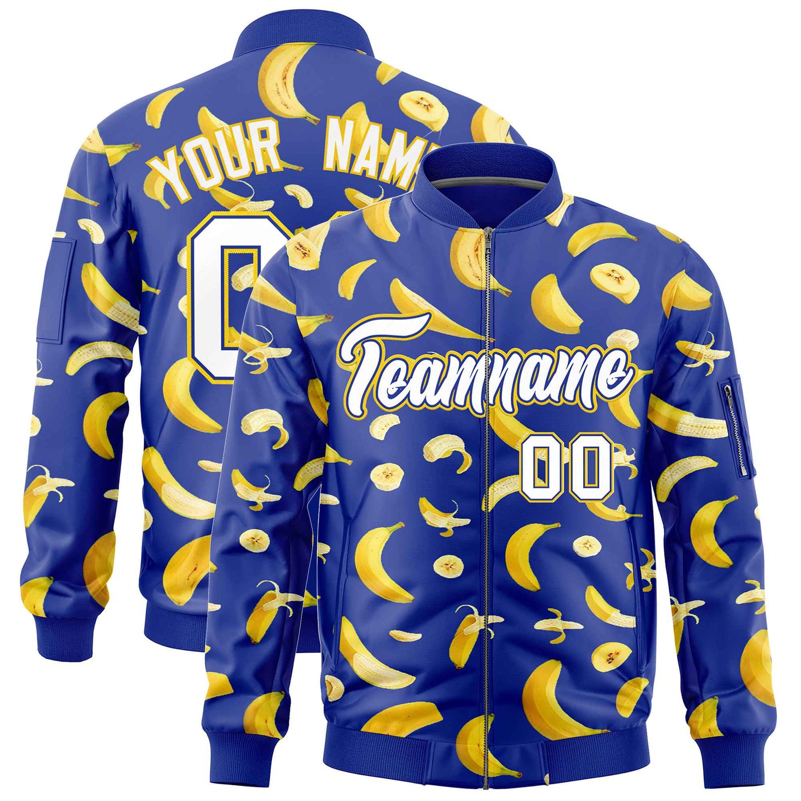 Custom Royal Blue Varsity Full-Zip Banana Pattern Letterman Bomber Jacket | Graffiti Pattern | Embroidery&Dye-sublimation printing | KXKSHOP