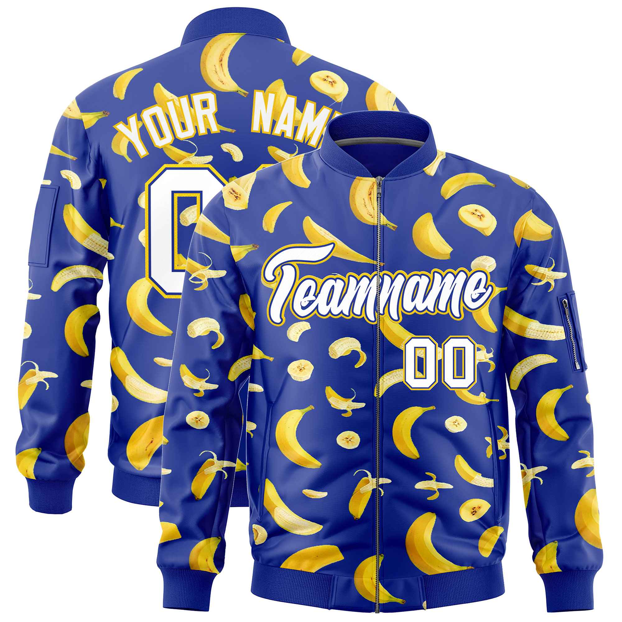 Custom Royal Blue Varsity Full-Zip Banana Pattern Letterman Bomber Jacket | Graffiti Pattern | Embroidery&Dye-sublimation printing | KXKSHOP
