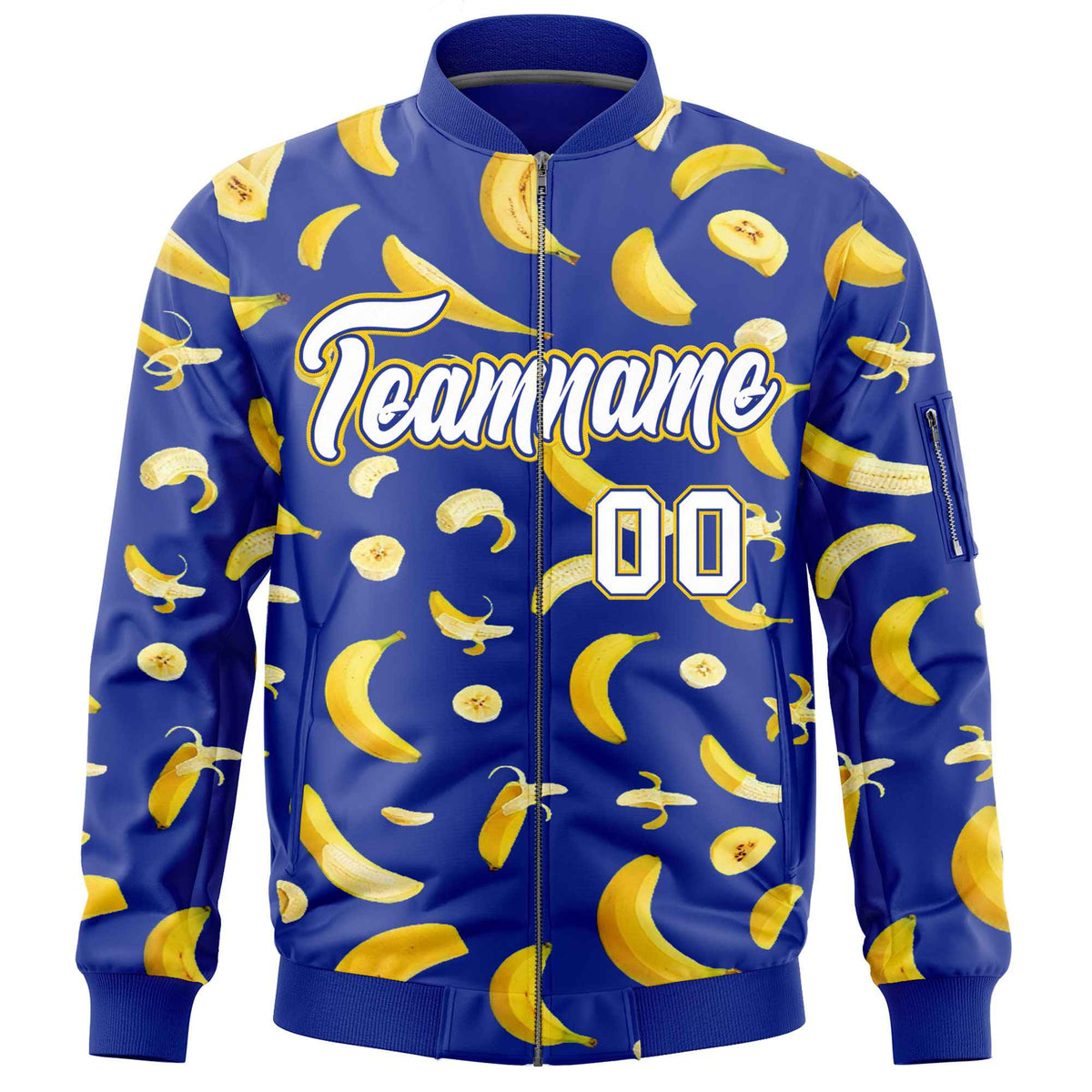 Custom Royal Blue Varsity Full-Zip Banana Pattern Letterman Bomber Jacket | Graffiti Pattern | Embroidery&amp;Dye-sublimation printing | KXKSHOP