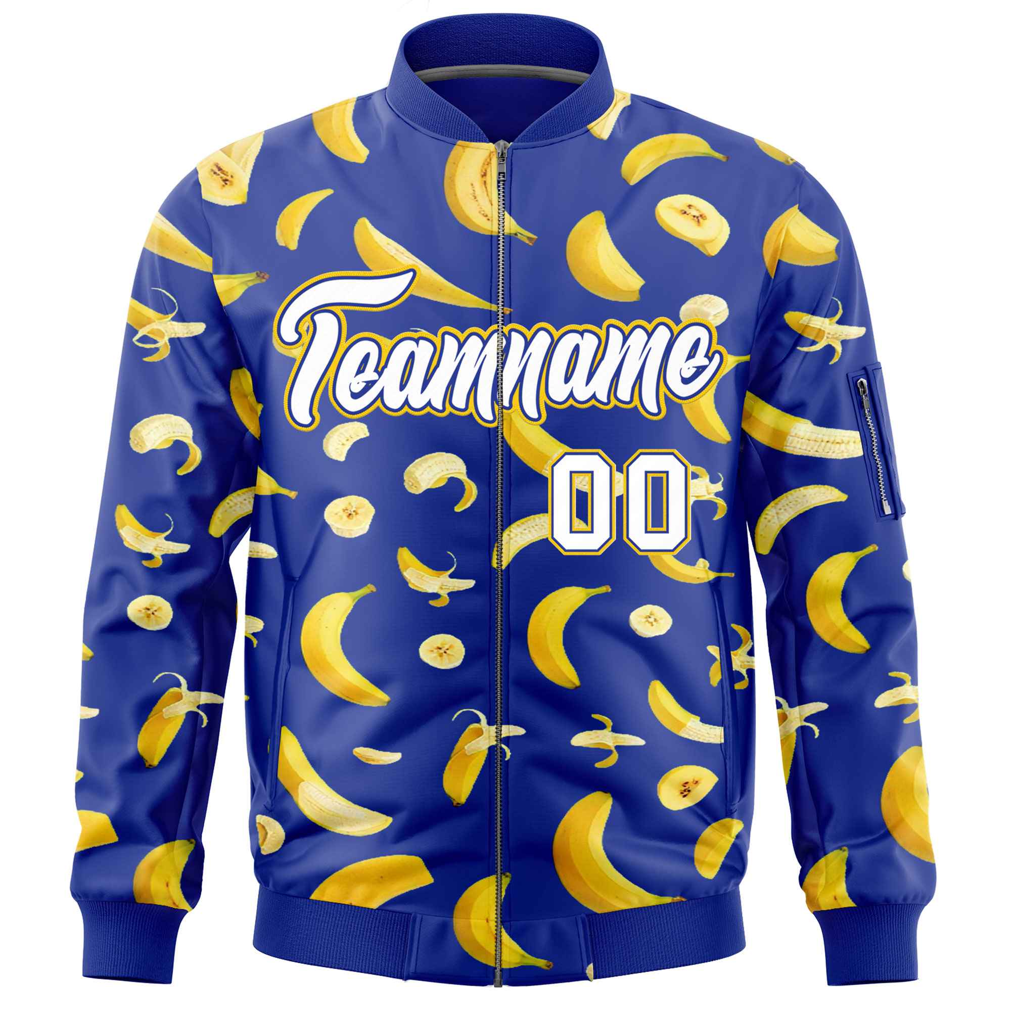 Custom Royal Blue Varsity Full-Zip Banana Pattern Letterman Bomber Jacket | Graffiti Pattern | Embroidery&Dye-sublimation printing | KXKSHOP