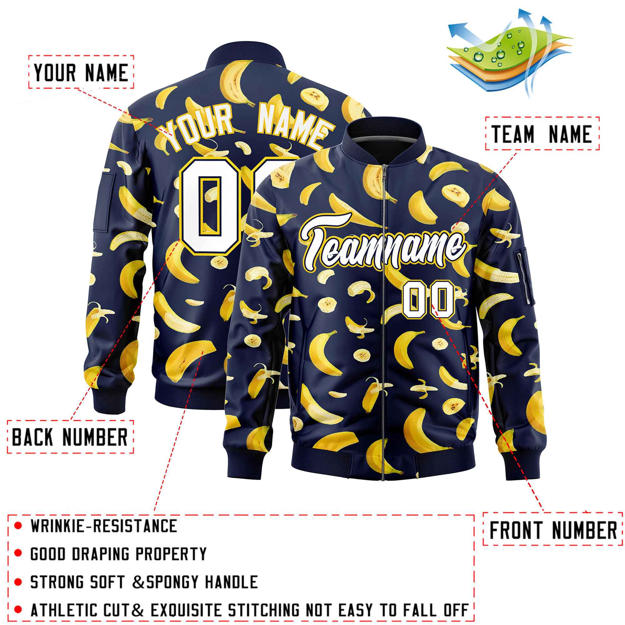 Custom Navy Varsity Full-Zip Banana Pattern Letterman Bomber Jacket | Graffiti Pattern | Embroidery&Dye-sublimation printing | KXKSHOP