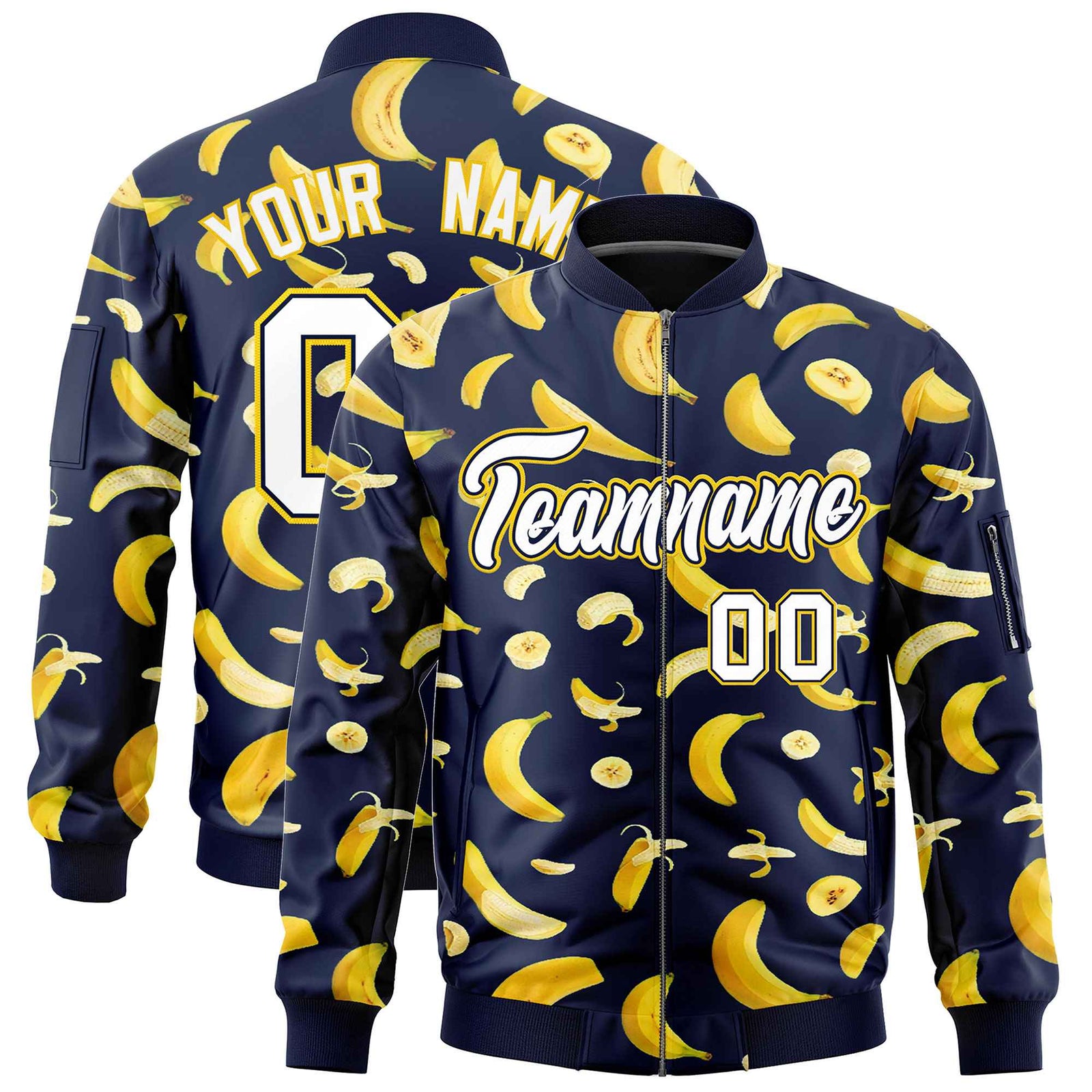 Custom Navy Varsity Full-Zip Banana Pattern Letterman Bomber Jacket | Graffiti Pattern | Embroidery&Dye-sublimation printing | KXKSHOP