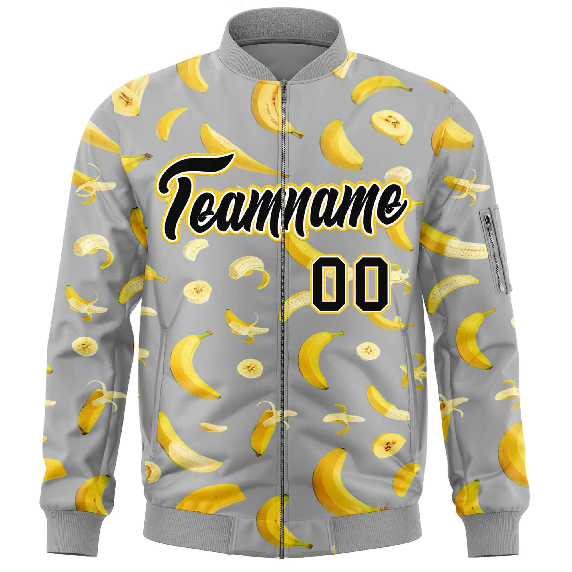 Custom Gray Varsity Full-Zip Banana Pattern Letterman Bomber Jacket | Graffiti Pattern | Embroidery&Dye-sublimation printing | KXKSHOP