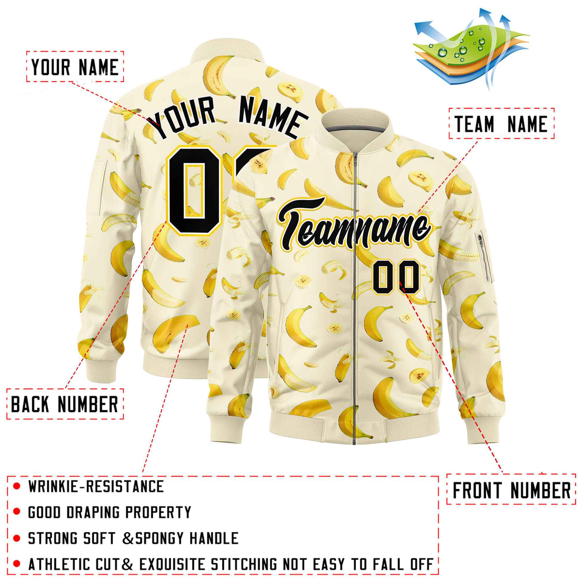 Custom Cream Varsity Full-Zip Banana Pattern Letterman Bomber Jacket | Graffiti Pattern | Embroidery&Dye-sublimation printing | KXKSHOP