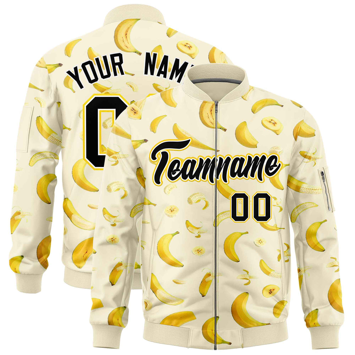 Custom Cream Varsity Full-Zip Banana Pattern Letterman Bomber Jacket | Graffiti Pattern | Embroidery&amp;Dye-sublimation printing | KXKSHOP