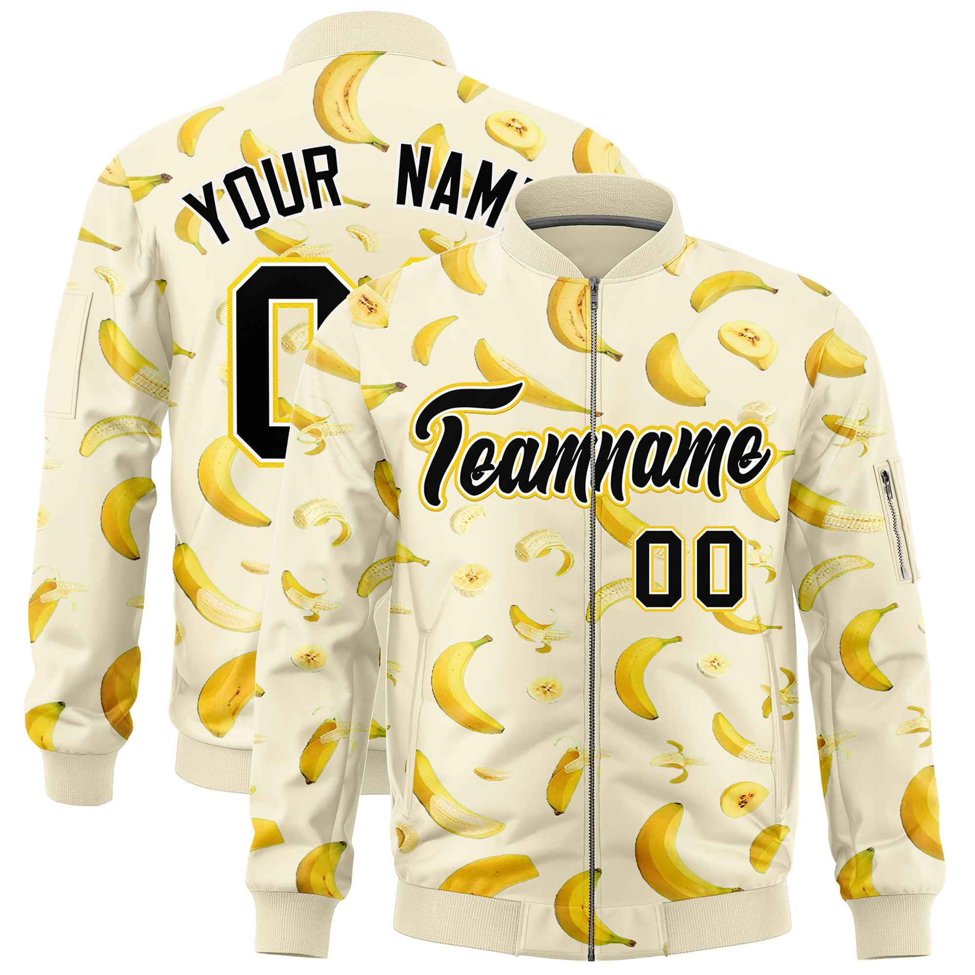 Custom Cream Varsity Full-Zip Banana Pattern Letterman Bomber Jacket | Graffiti Pattern | Embroidery&Dye-sublimation printing | KXKSHOP
