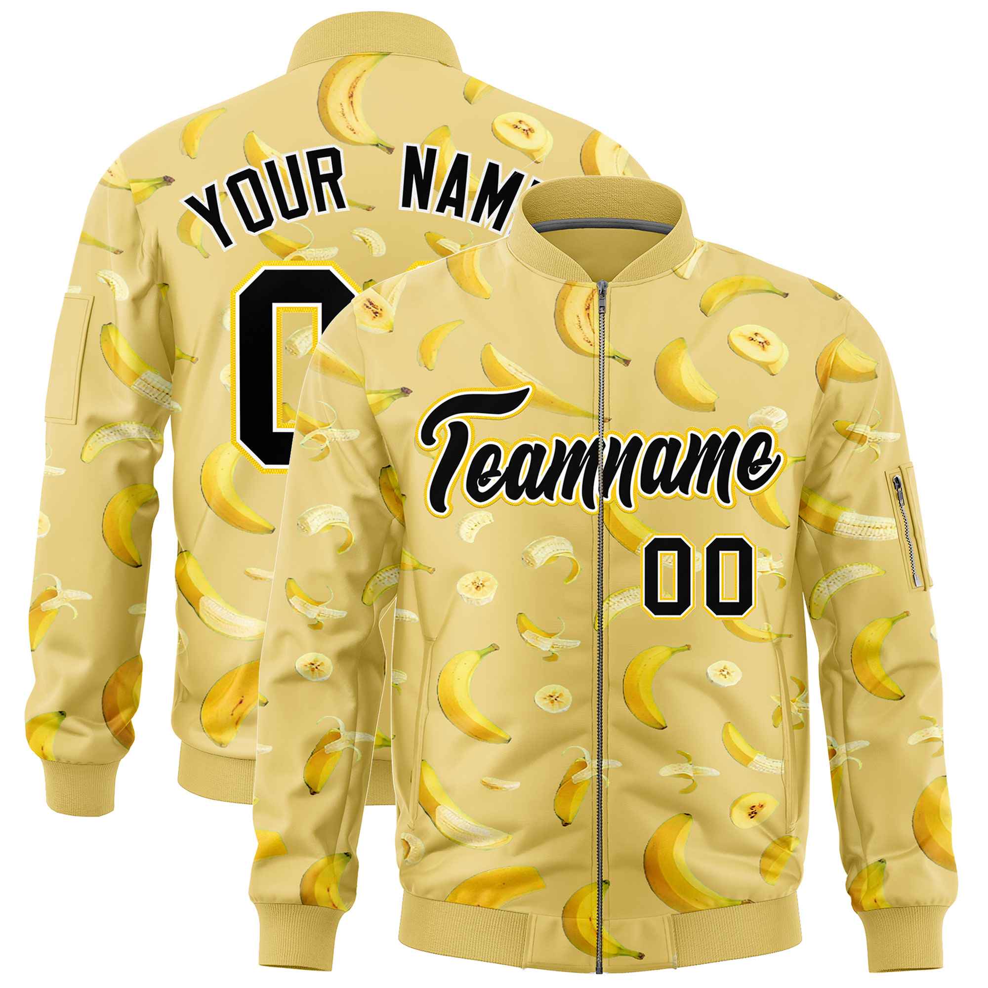 Custom Old Gold Varsity Full-Zip Banana Pattern Letterman Bomber Jacket | Graffiti Pattern | Embroidery&Dye-sublimation printing | KXKSHOP