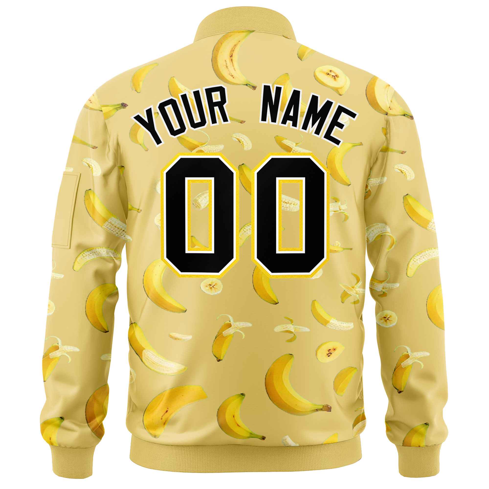 Custom Old Gold Varsity Full-Zip Banana Pattern Letterman Bomber Jacket | Graffiti Pattern | Embroidery&Dye-sublimation printing | KXKSHOP