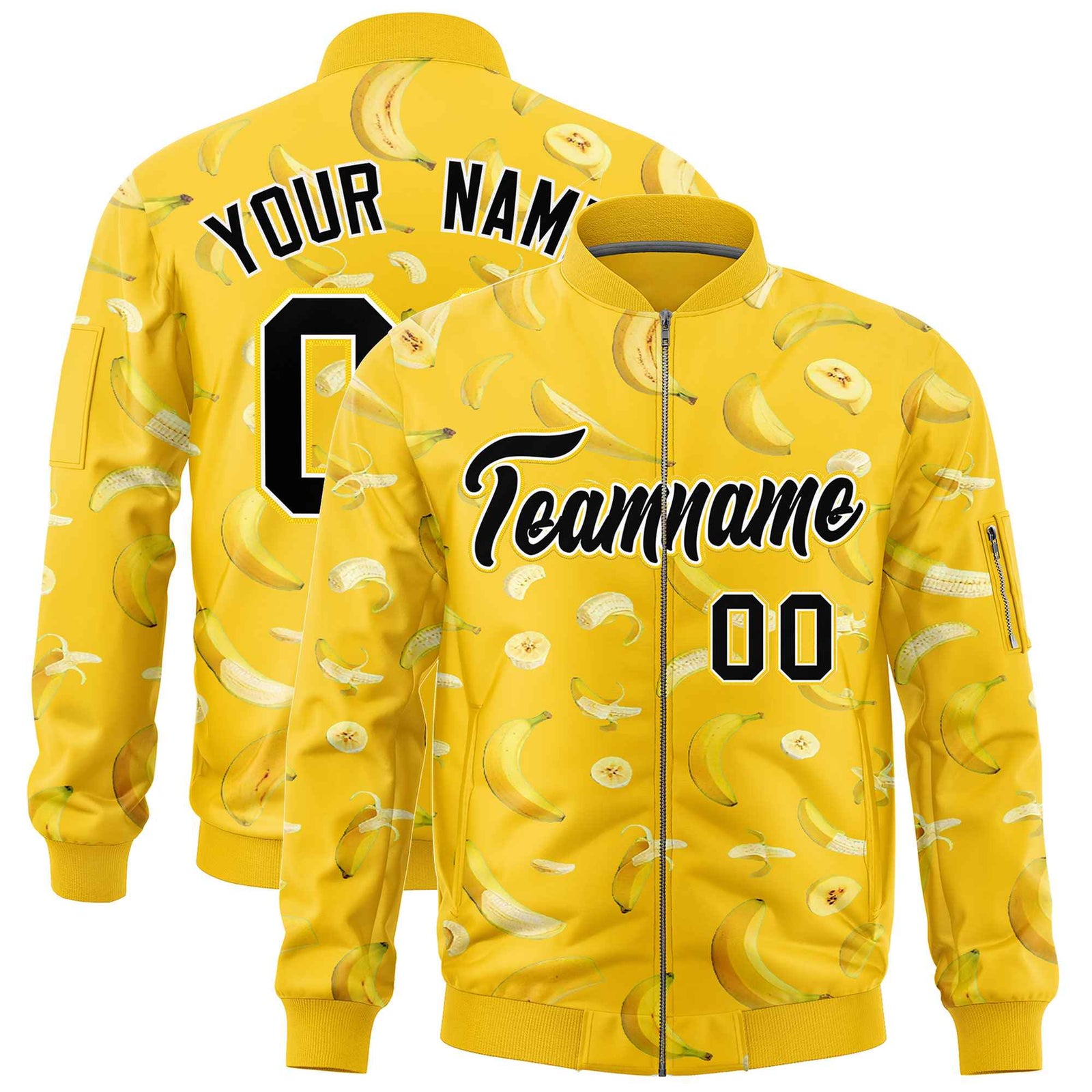 Custom Gold Varsity Full-Zip Banana Pattern Letterman Bomber Jacket | Graffiti Pattern | Embroidery&Dye-sublimation printing | KXKSHOP
