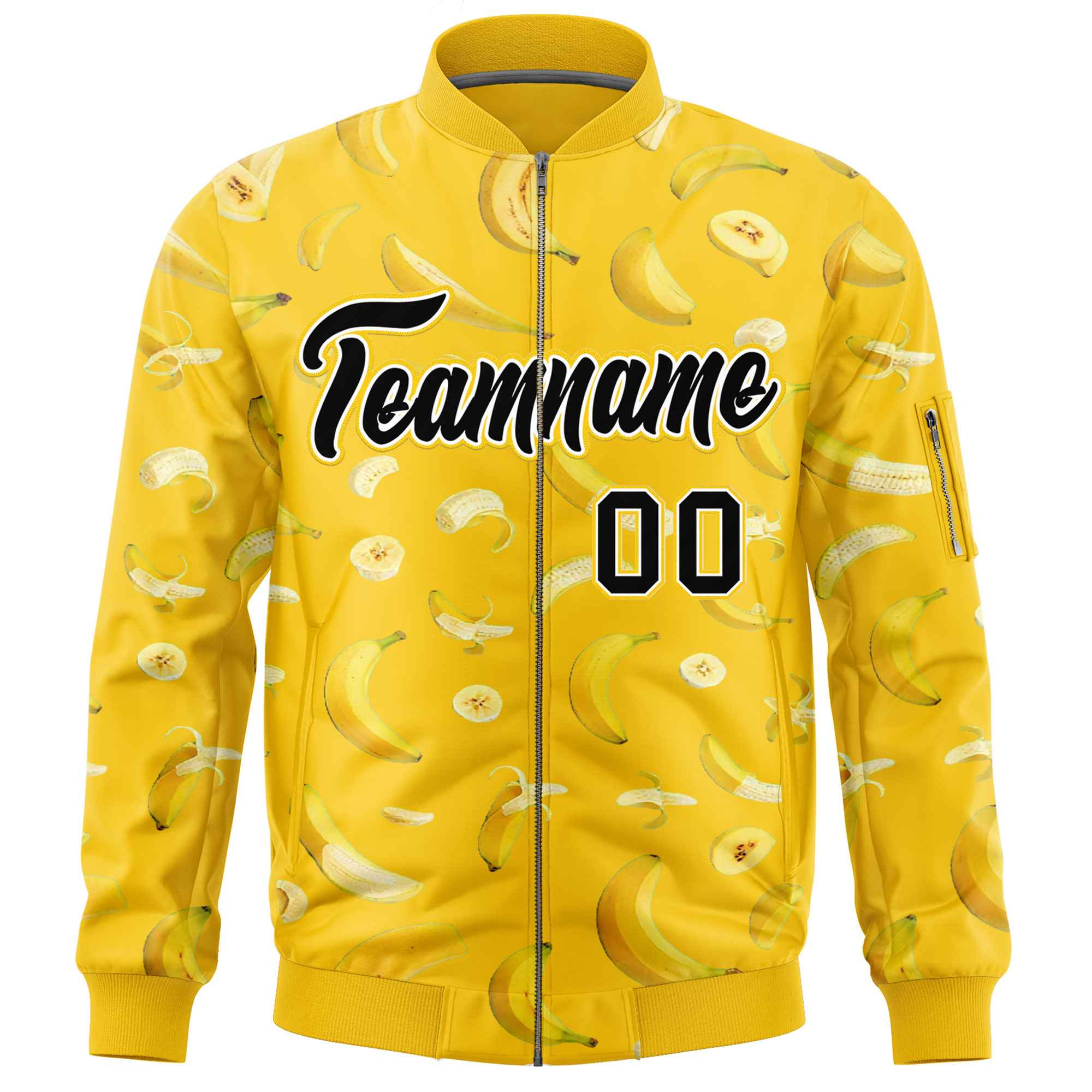 Custom Gold Varsity Full-Zip Banana Pattern Letterman Bomber Jacket | Graffiti Pattern | Embroidery&Dye-sublimation printing | KXKSHOP