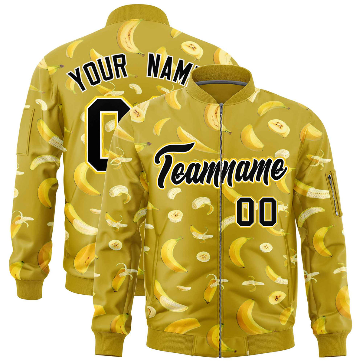 Custom Old Gold Varsity Full-Zip Banana Pattern Letterman Bomber Jacket | Graffiti Pattern | Embroidery&amp;Dye-sublimation printing | KXKSHOP