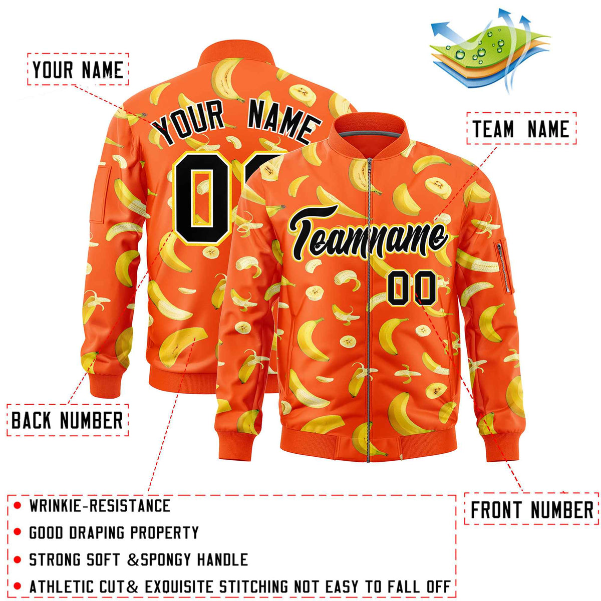Custom Orange Varsity Full-Zip Banana Pattern Letterman Bomber Jacket | Graffiti Pattern | Embroidery&amp;Dye-sublimation printing | KXKSHOP