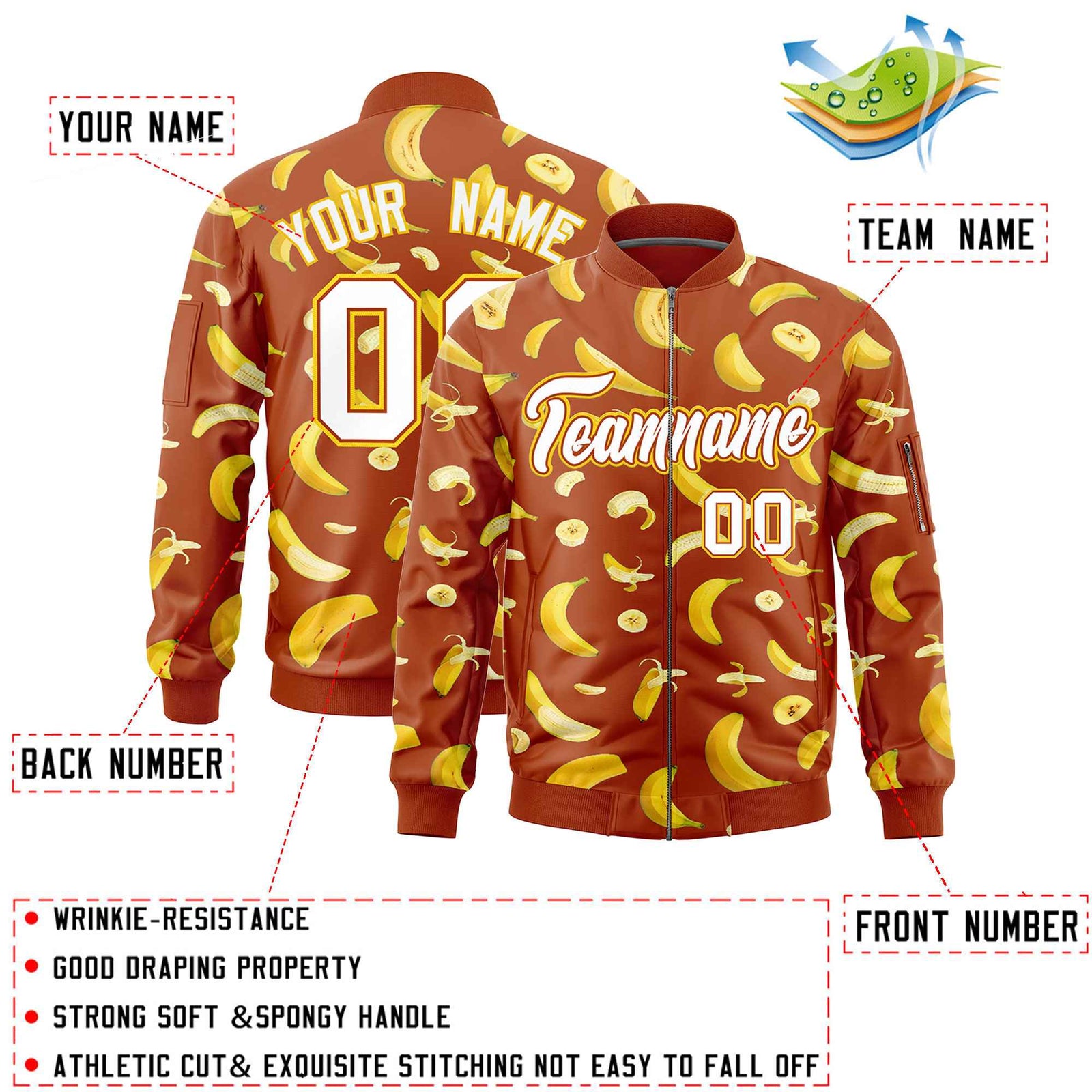 Custom Dark Orange Varsity Full-Zip Banana Pattern Letterman Bomber Jacket | Graffiti Pattern | Embroidery&Dye-sublimation printing | KXKSHOP