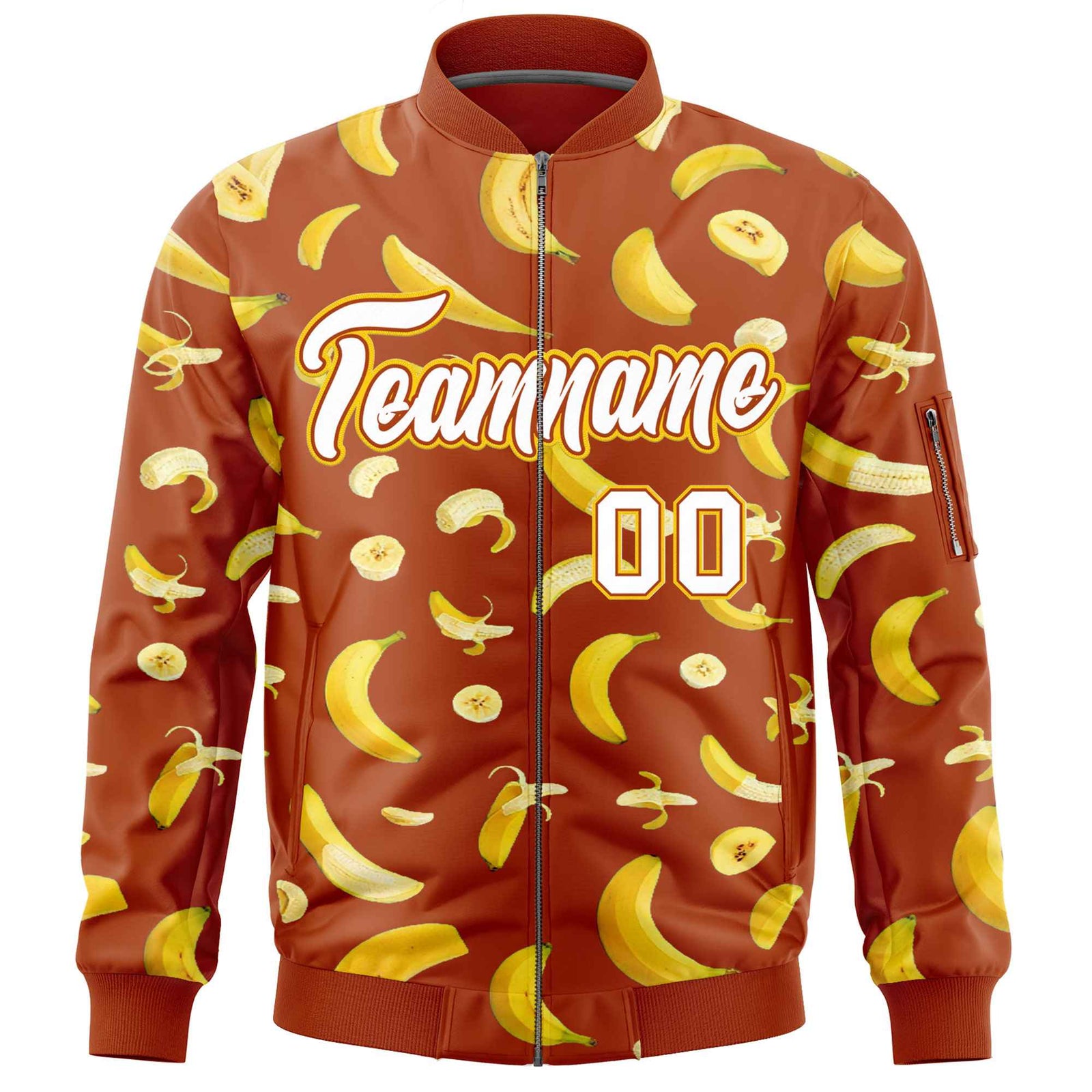 Custom Dark Orange Varsity Full-Zip Banana Pattern Letterman Bomber Jacket | Graffiti Pattern | Embroidery&Dye-sublimation printing | KXKSHOP
