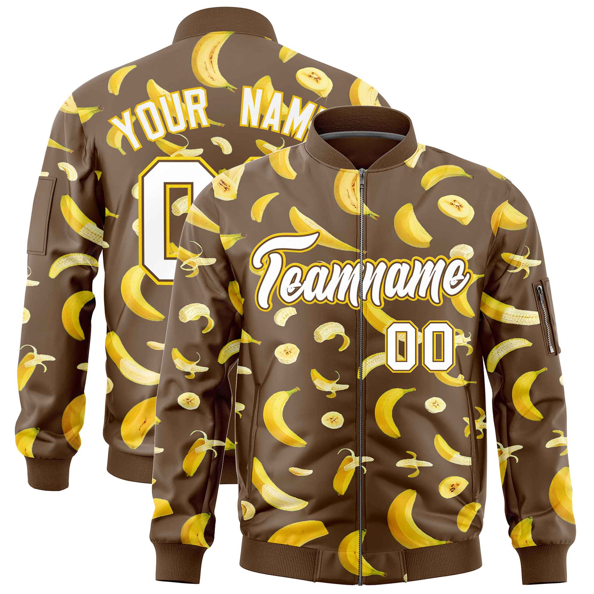 Custom Light Brown Varsity Full-Zip Banana Pattern Letterman Bomber Jacket | Graffiti Pattern | Embroidery&Dye-sublimation printing | KXKSHOP