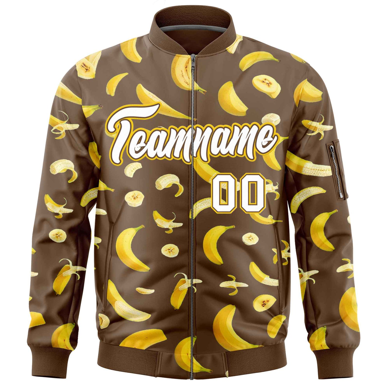Custom Light Brown Varsity Full-Zip Banana Pattern Letterman Bomber Jacket | Graffiti Pattern | Embroidery&Dye-sublimation printing | KXKSHOP