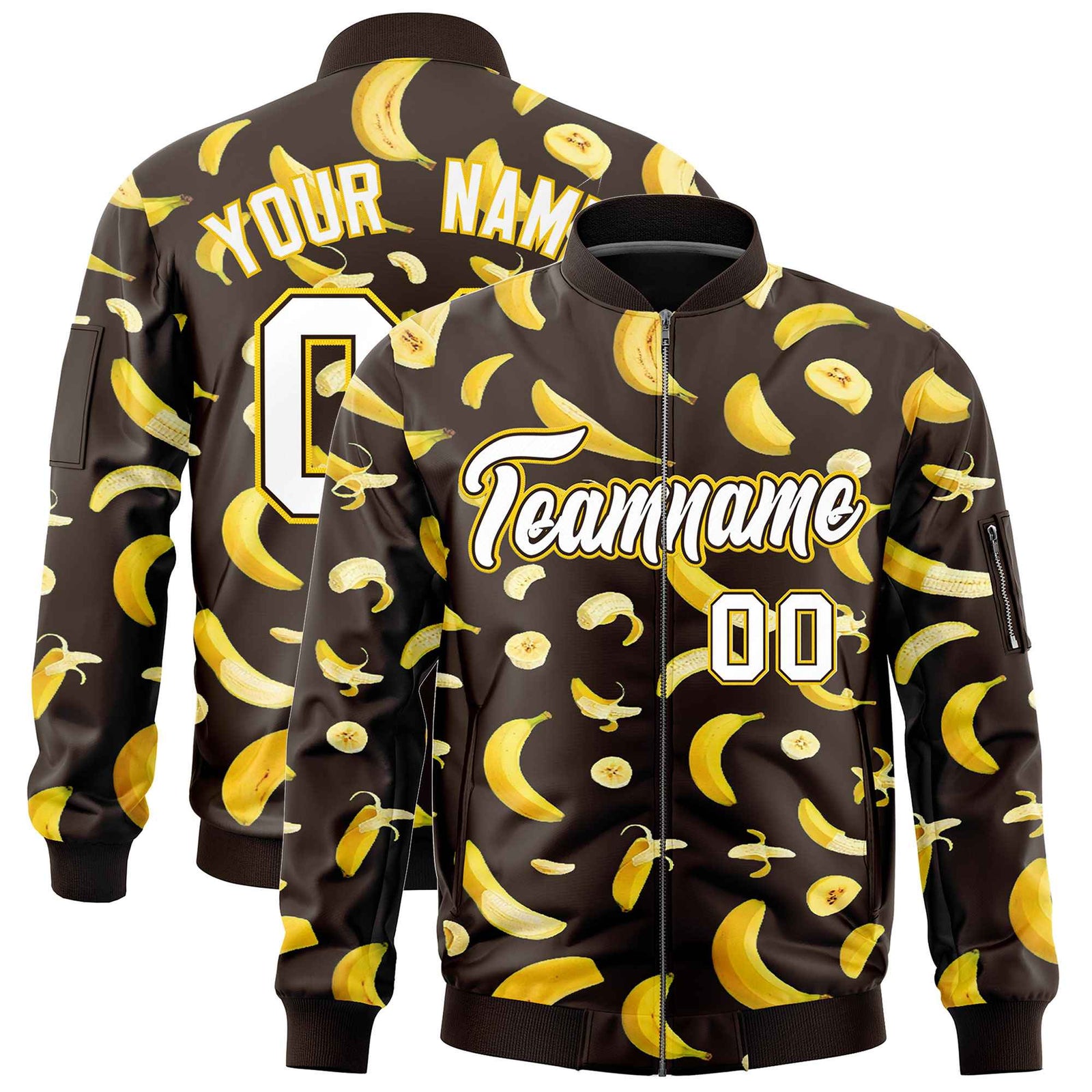 Custom Brown Varsity Full-Zip Banana Pattern Letterman Bomber Jacket | Graffiti Pattern | Embroidery&Dye-sublimation printing | KXKSHOP
