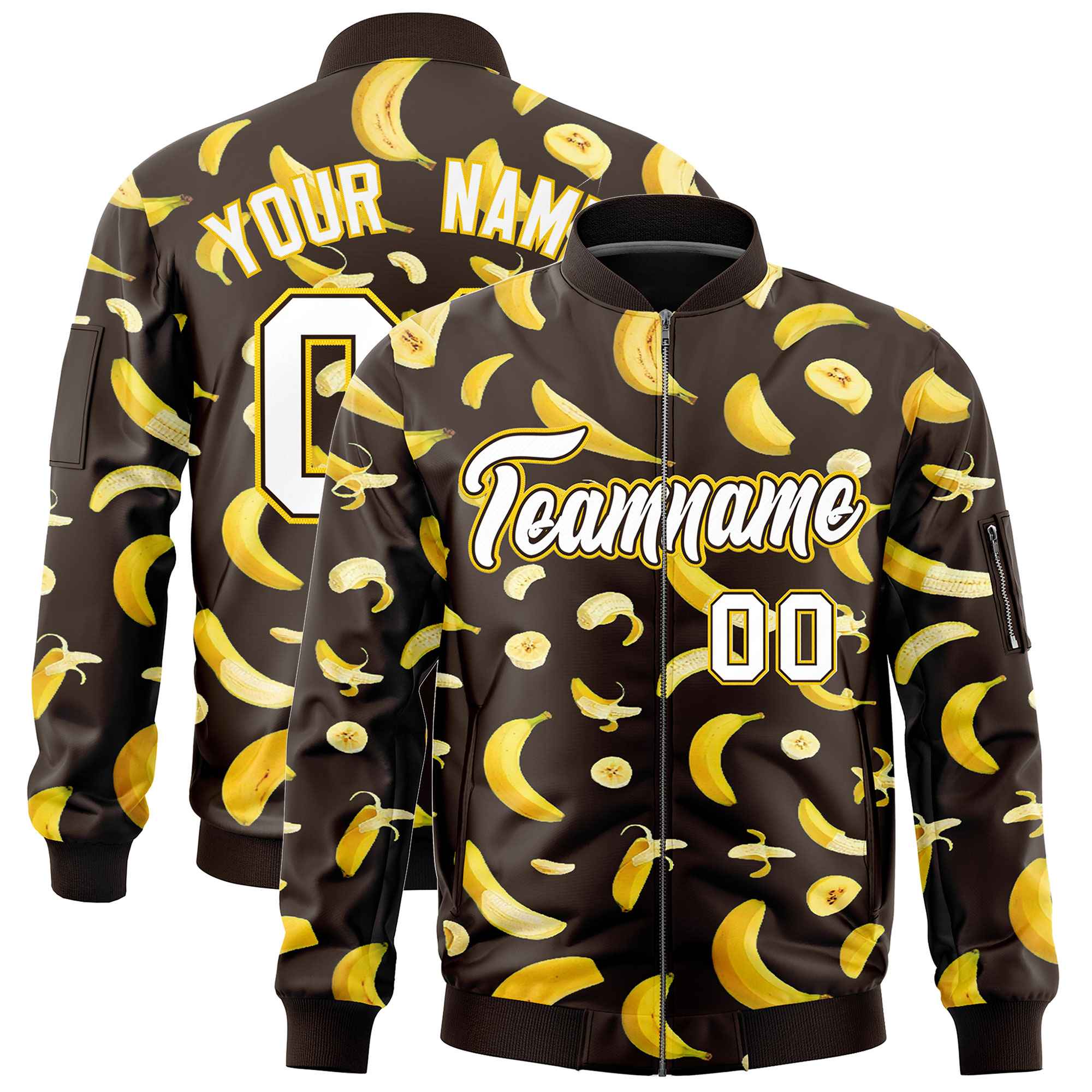 Custom Brown Varsity Full-Zip Banana Pattern Letterman Bomber Jacket | Graffiti Pattern | Embroidery&Dye-sublimation printing | KXKSHOP