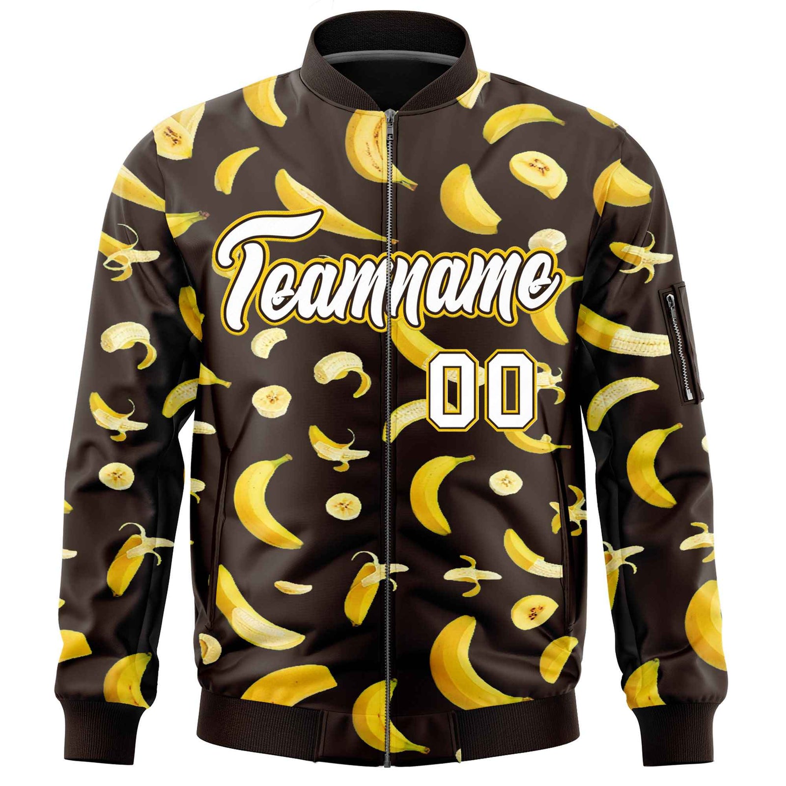 Custom Brown Varsity Full-Zip Banana Pattern Letterman Bomber Jacket | Graffiti Pattern | Embroidery&Dye-sublimation printing | KXKSHOP