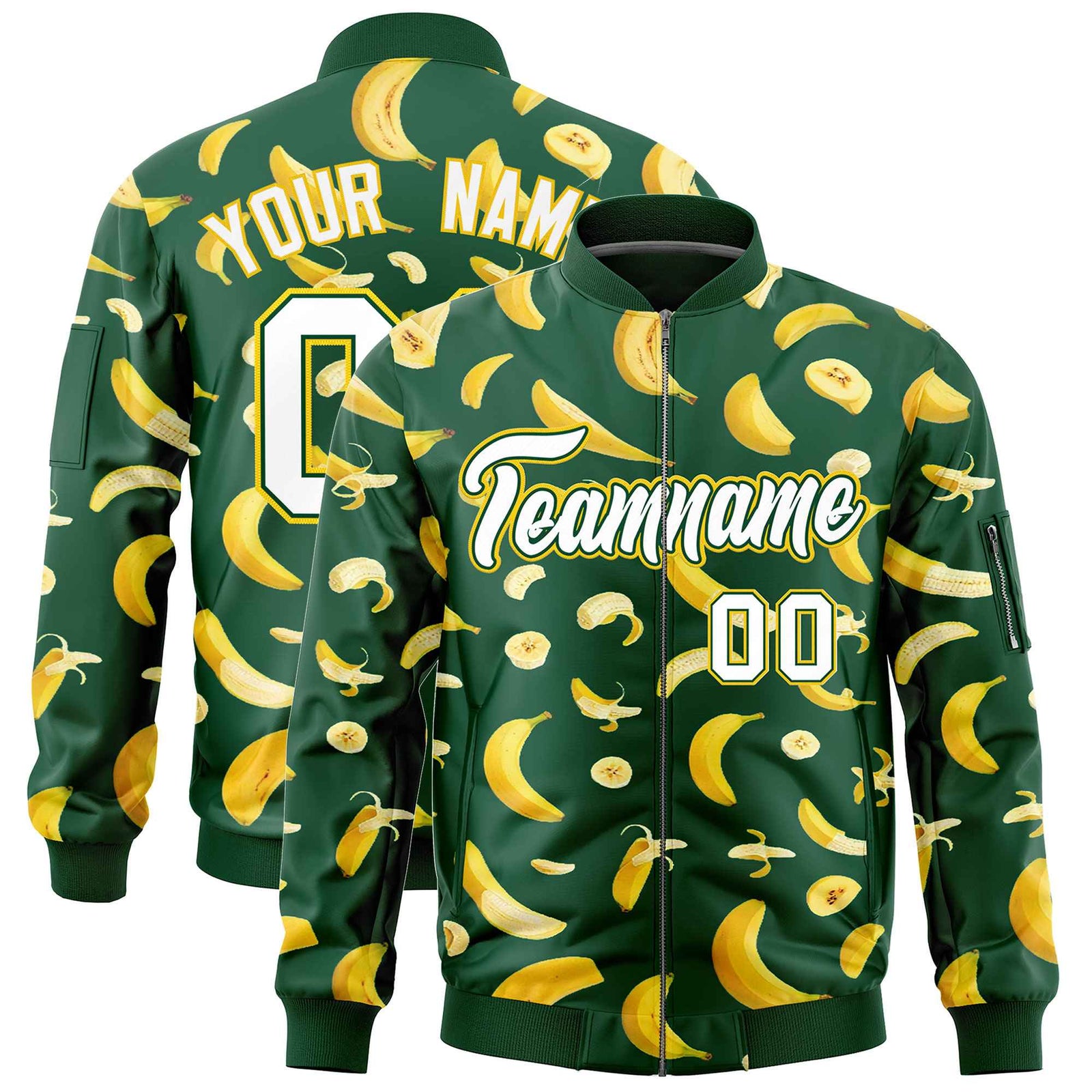 Custom Green Varsity Full-Zip Banana Pattern Letterman Bomber Jacket | Graffiti Pattern | Embroidery&Dye-sublimation printing | KXKSHOP