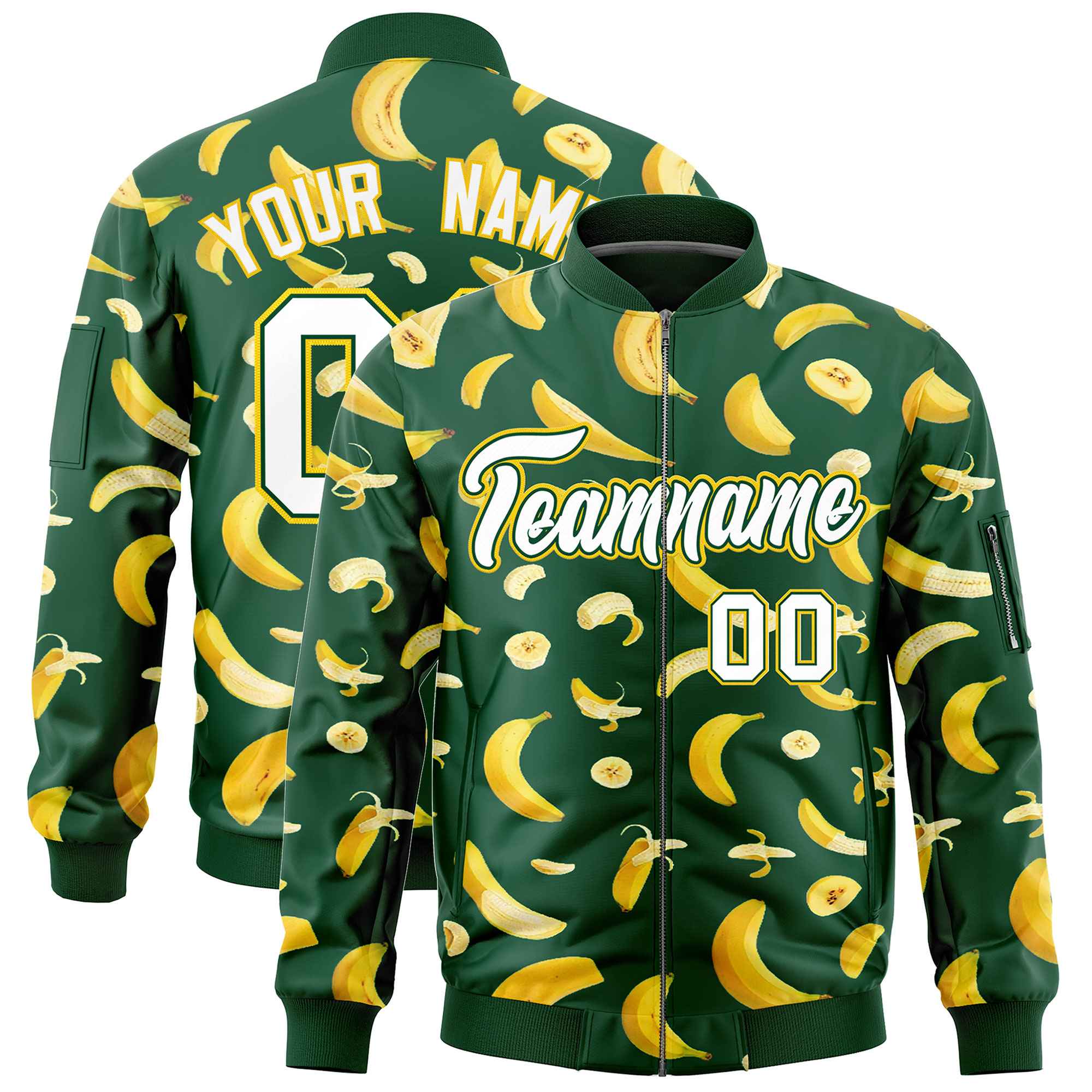 Custom Green Varsity Full-Zip Banana Pattern Letterman Bomber Jacket | Graffiti Pattern | Embroidery&Dye-sublimation printing | KXKSHOP