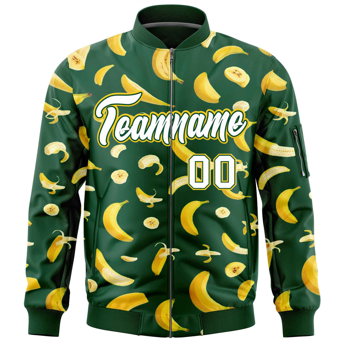 Custom Green Varsity Full-Zip Banana Pattern Letterman Bomber Jacket | Graffiti Pattern | Embroidery&amp;Dye-sublimation printing | KXKSHOP
