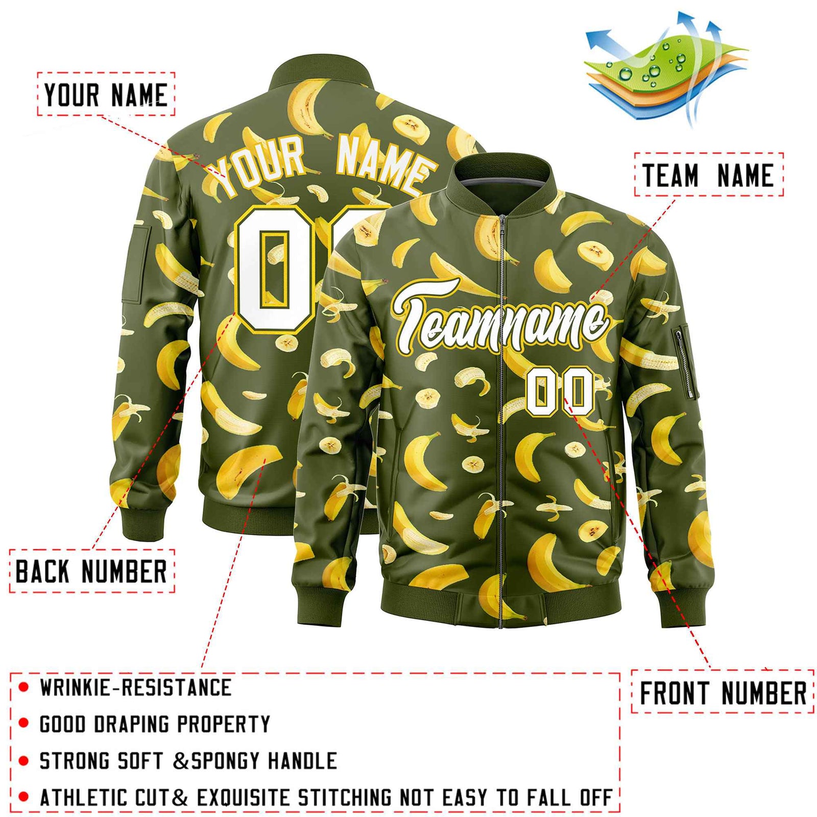 Custom Olive Varsity Full-Zip Banana Pattern Letterman Bomber Jacket | Graffiti Pattern | Embroidery&Dye-sublimation printing | KXKSHOP