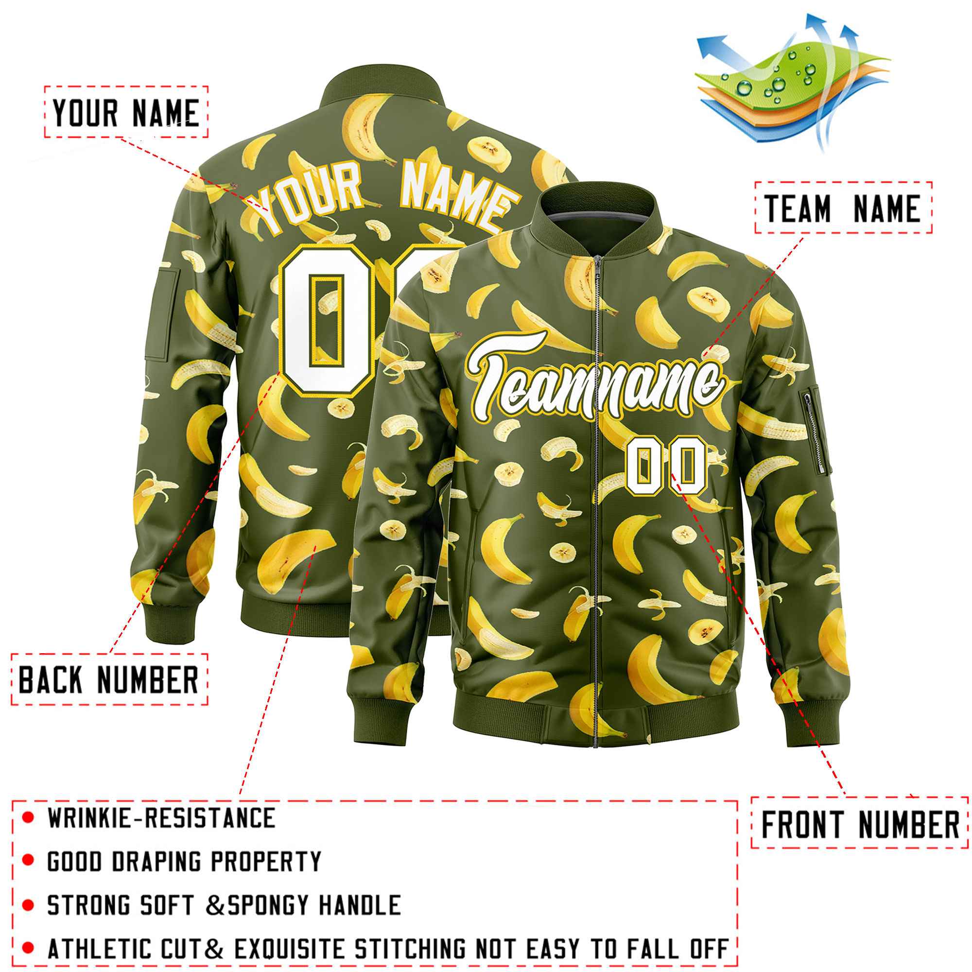 Custom Olive Varsity Full-Zip Banana Pattern Letterman Bomber Jacket | Graffiti Pattern | Embroidery&Dye-sublimation printing | KXKSHOP