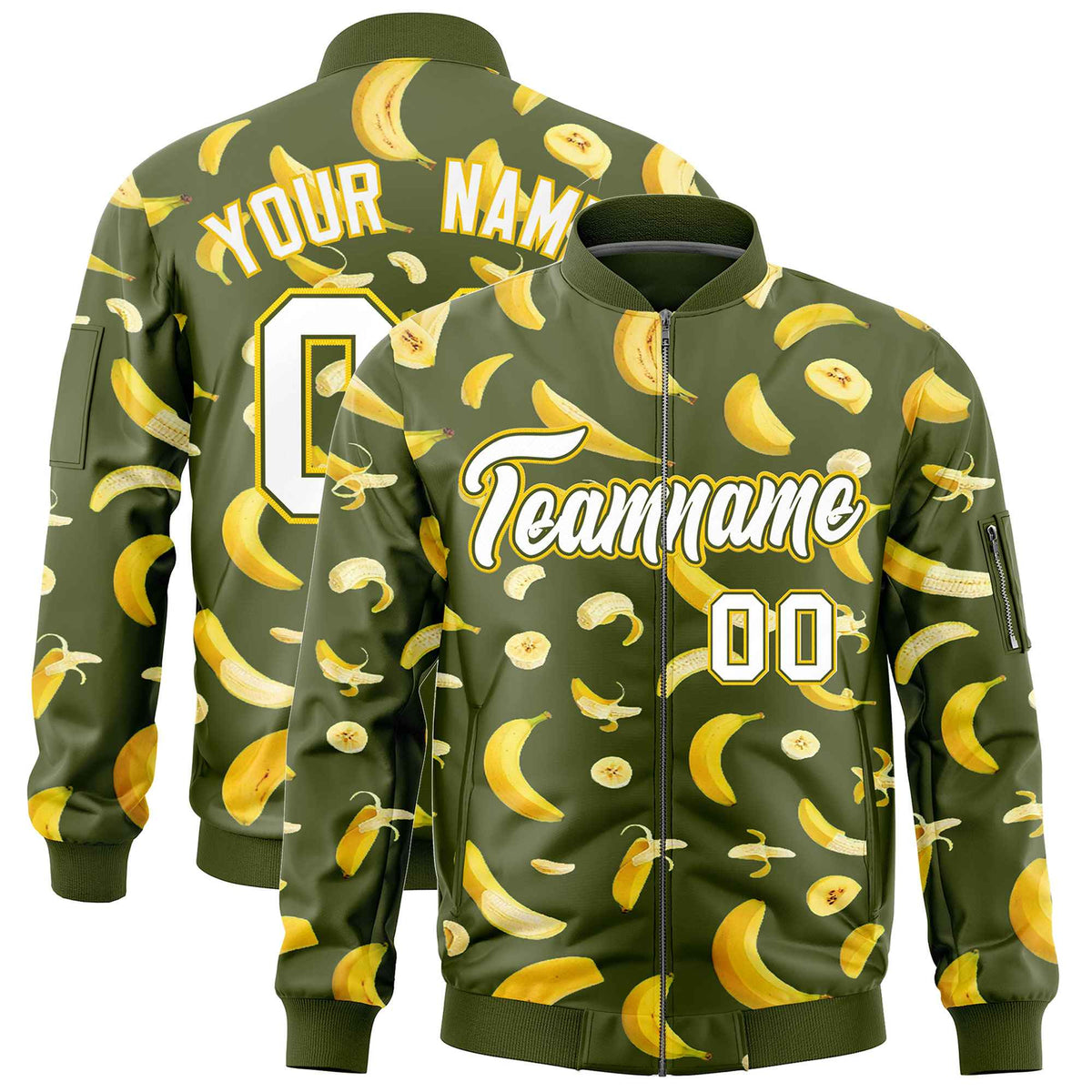 Custom Olive Varsity Full-Zip Banana Pattern Letterman Bomber Jacket | Graffiti Pattern | Embroidery&amp;Dye-sublimation printing | KXKSHOP