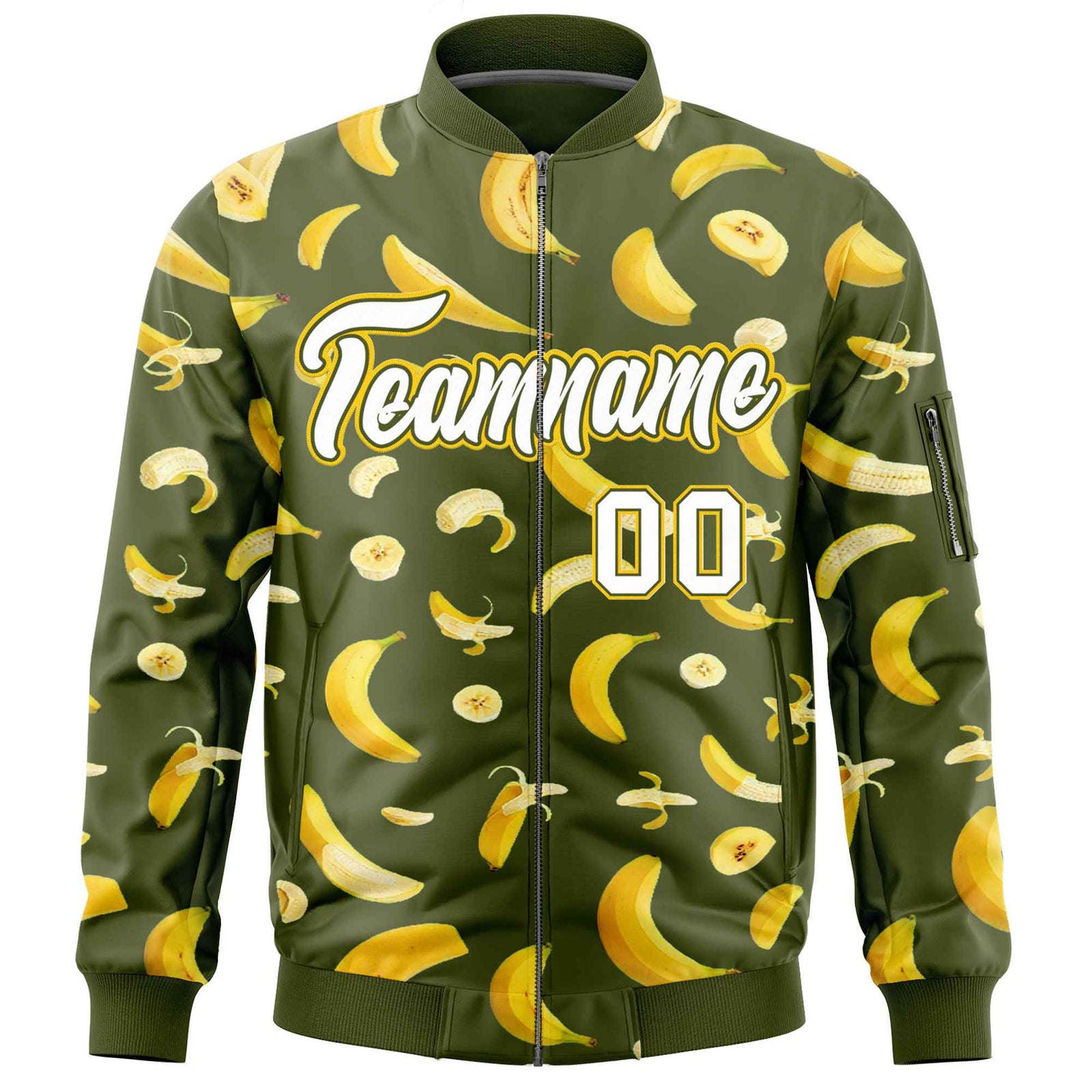 Custom Olive Varsity Full-Zip Banana Pattern Letterman Bomber Jacket | Graffiti Pattern | Embroidery&Dye-sublimation printing | KXKSHOP
