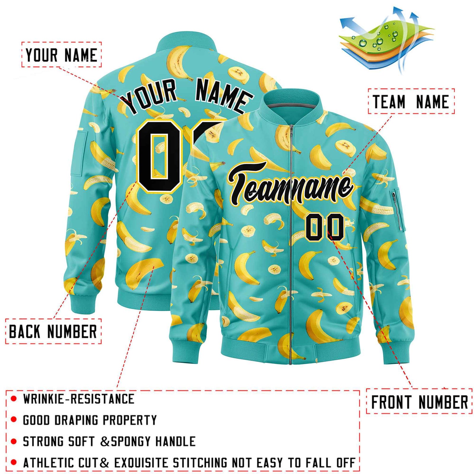 Custom Teal Varsity Full-Zip Banana Pattern Letterman Bomber Jacket | Graffiti Pattern | Embroidery&Dye-sublimation printing | KXKSHOP