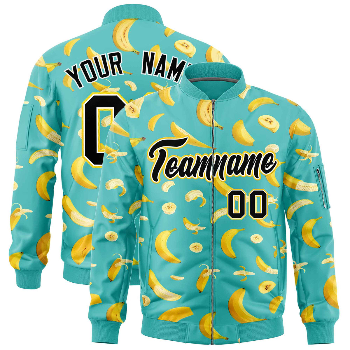 Custom Teal Varsity Full-Zip Banana Pattern Letterman Bomber Jacket | Graffiti Pattern | Embroidery&amp;Dye-sublimation printing | KXKSHOP