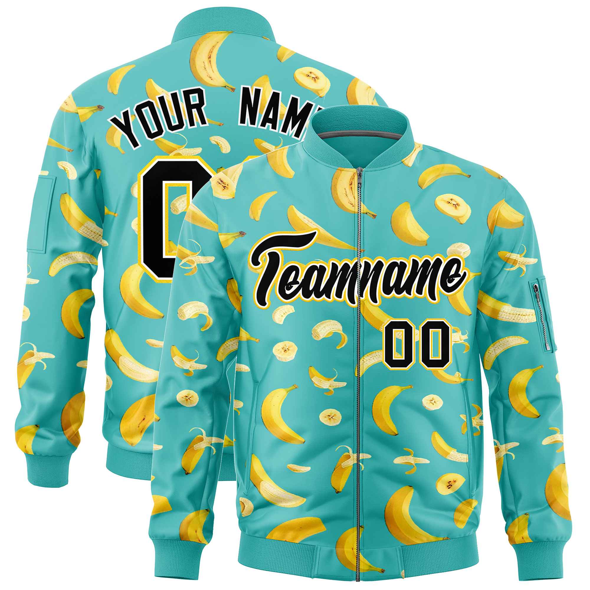 Custom Teal Varsity Full-Zip Banana Pattern Letterman Bomber Jacket | Graffiti Pattern | Embroidery&Dye-sublimation printing | KXKSHOP